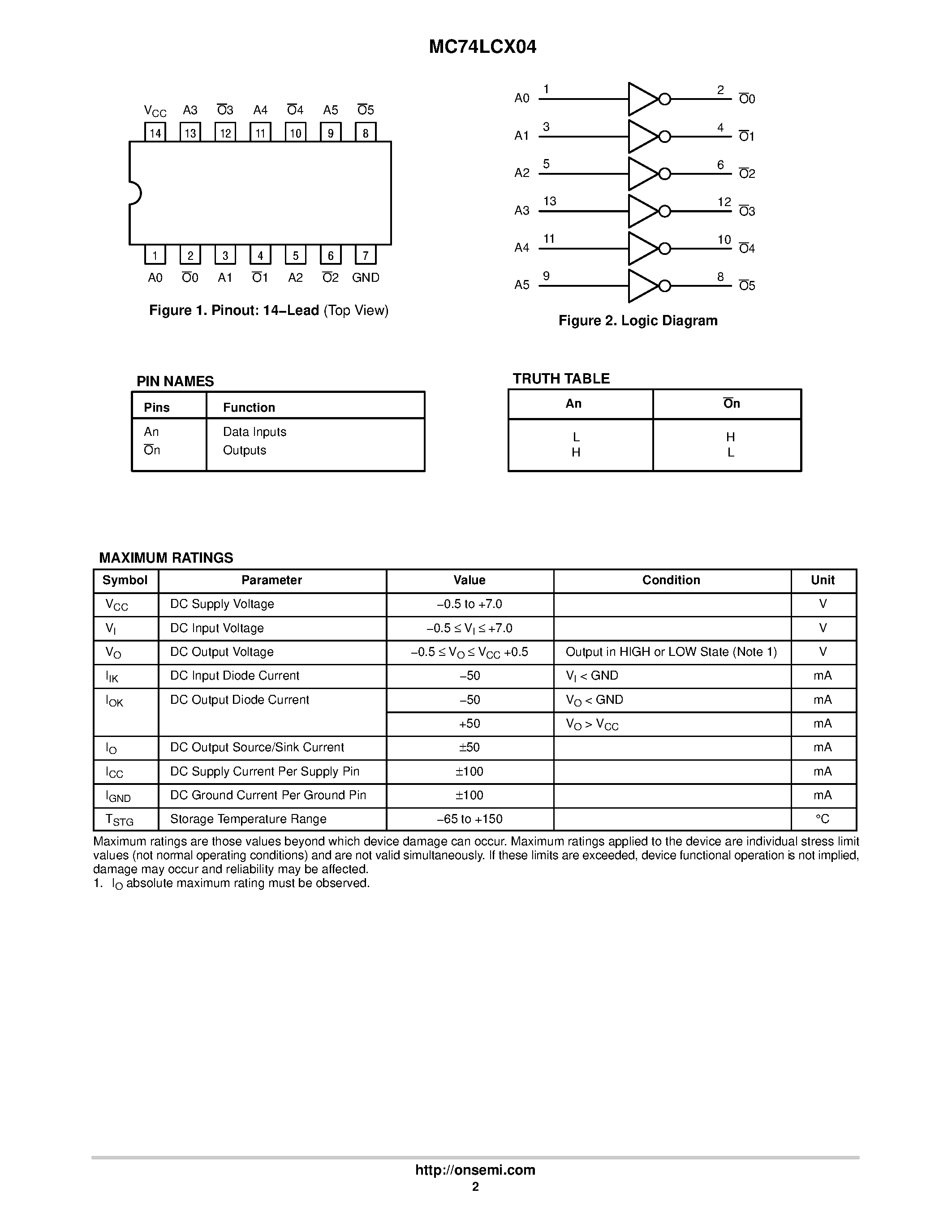 Даташит MC74LCX04 - Low-Voltage CMOS Hex Inverter страница 2