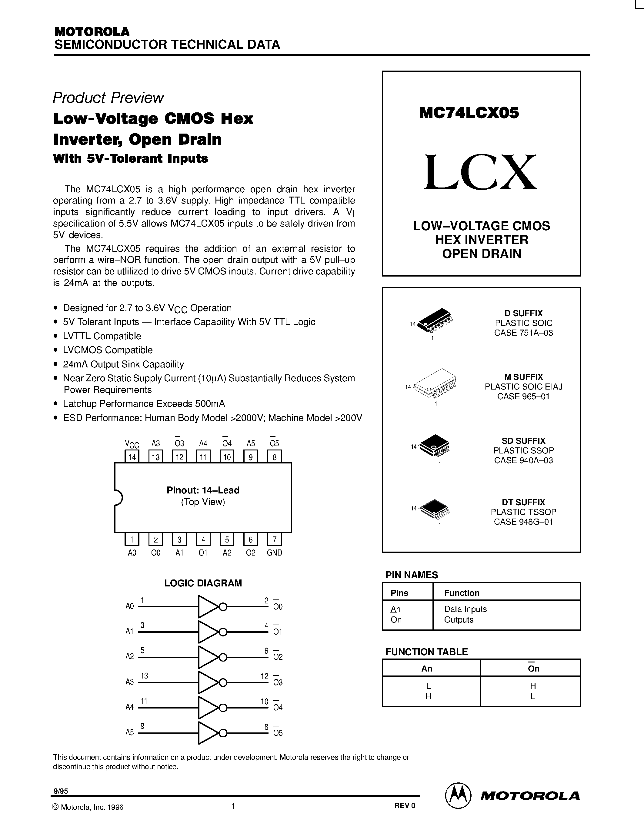 Даташит MC74LCX05 - LOW-VOLTAGE CMOS HEX INVERTER OPEN DRAIN страница 1