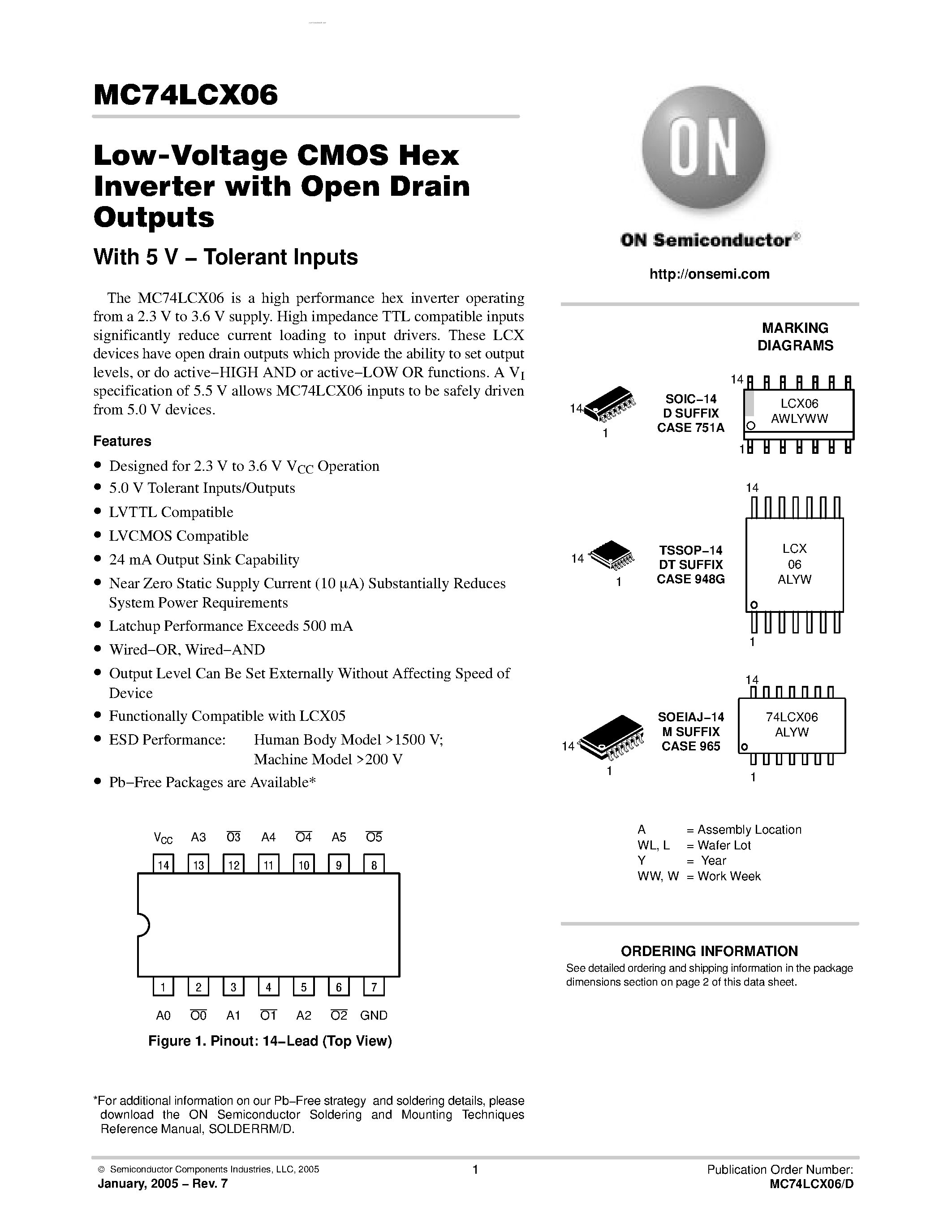 Даташит MC74LCX06 - Low-Voltage CMOS Hex Inverter страница 1