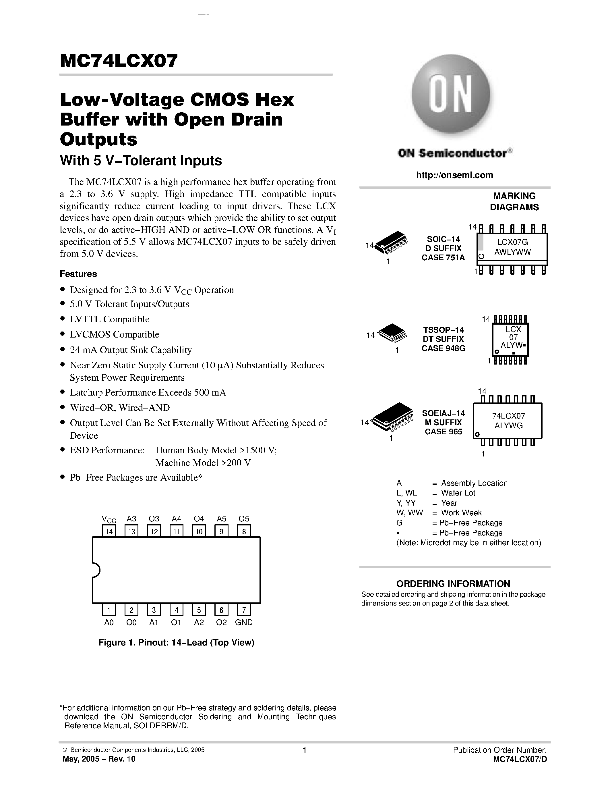 Даташит MC74LCX07 - Low-Voltage CMOS Hex Buffer страница 1