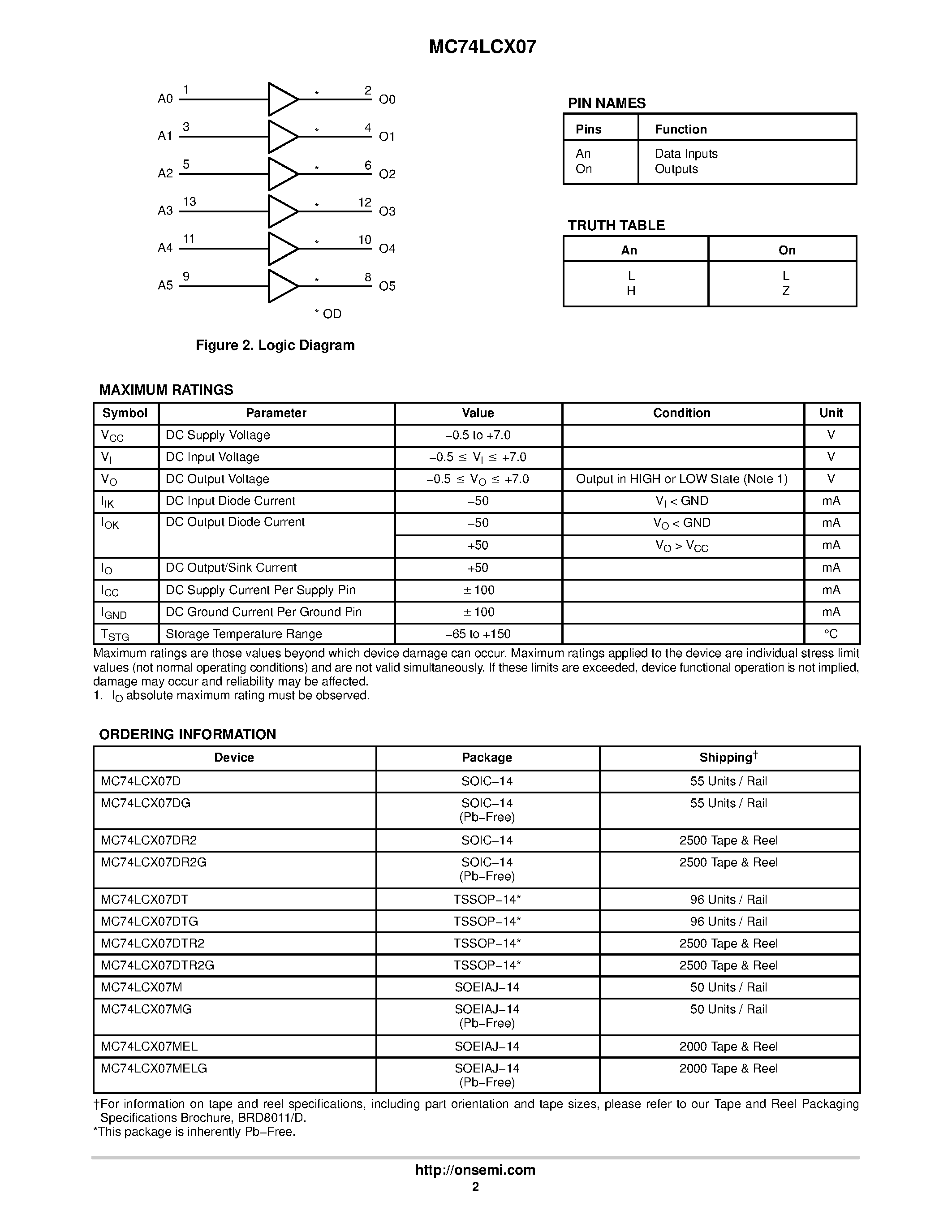 Даташит MC74LCX07 - Low-Voltage CMOS Hex Buffer страница 2