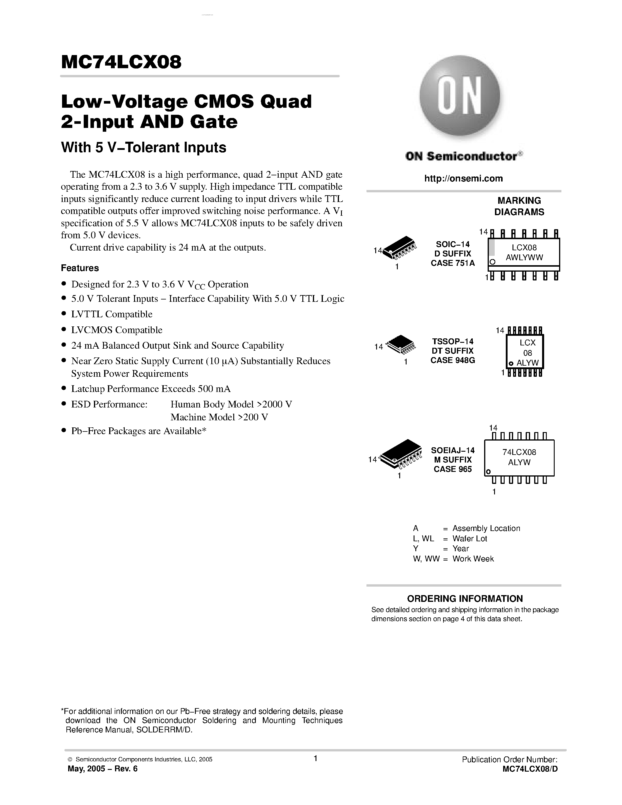 Даташит MC74LCX08 - Low-Voltage CMOS Quad 2-Input AND Gate страница 1