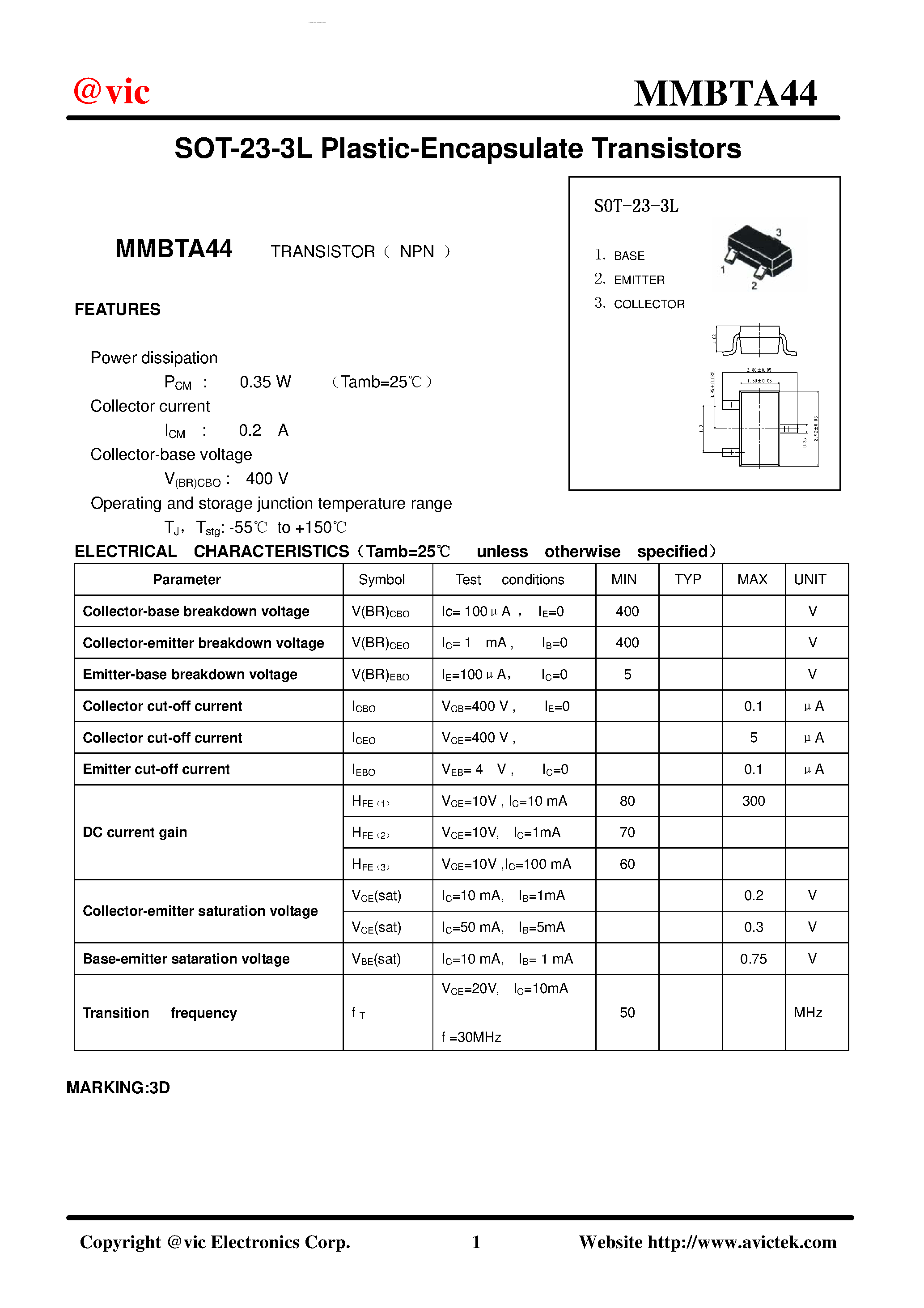 Даташит на микросхему MMBTA44 страница 1 Даташит MMBTA44 - SOT-23-3L Plastic-Encapsulate Transistors страница 1
