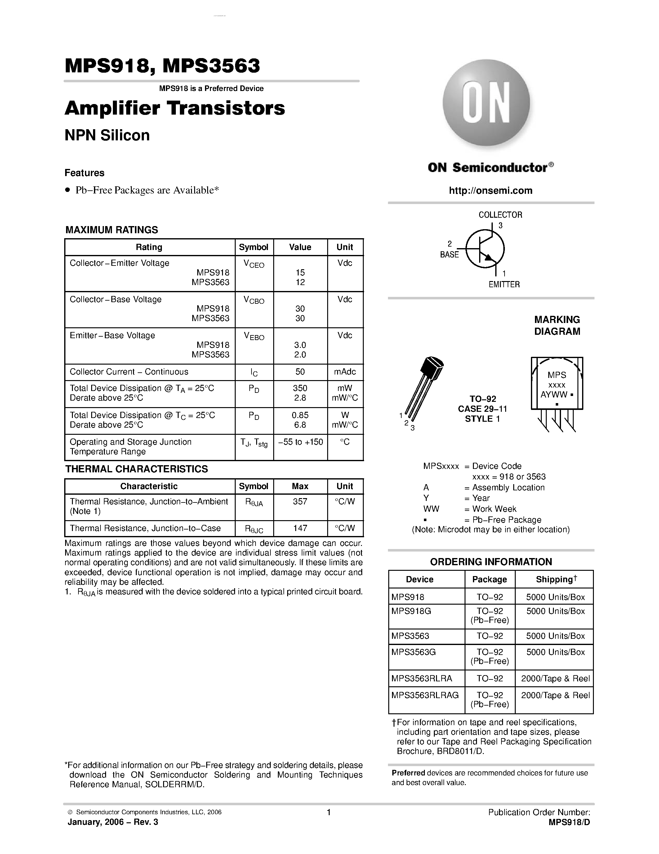 Datasheet MPS3563 page 1 Datasheet MPS3563 - (MPS3563 / MPS918) Amplifier Transistors NPN Silicon page 1