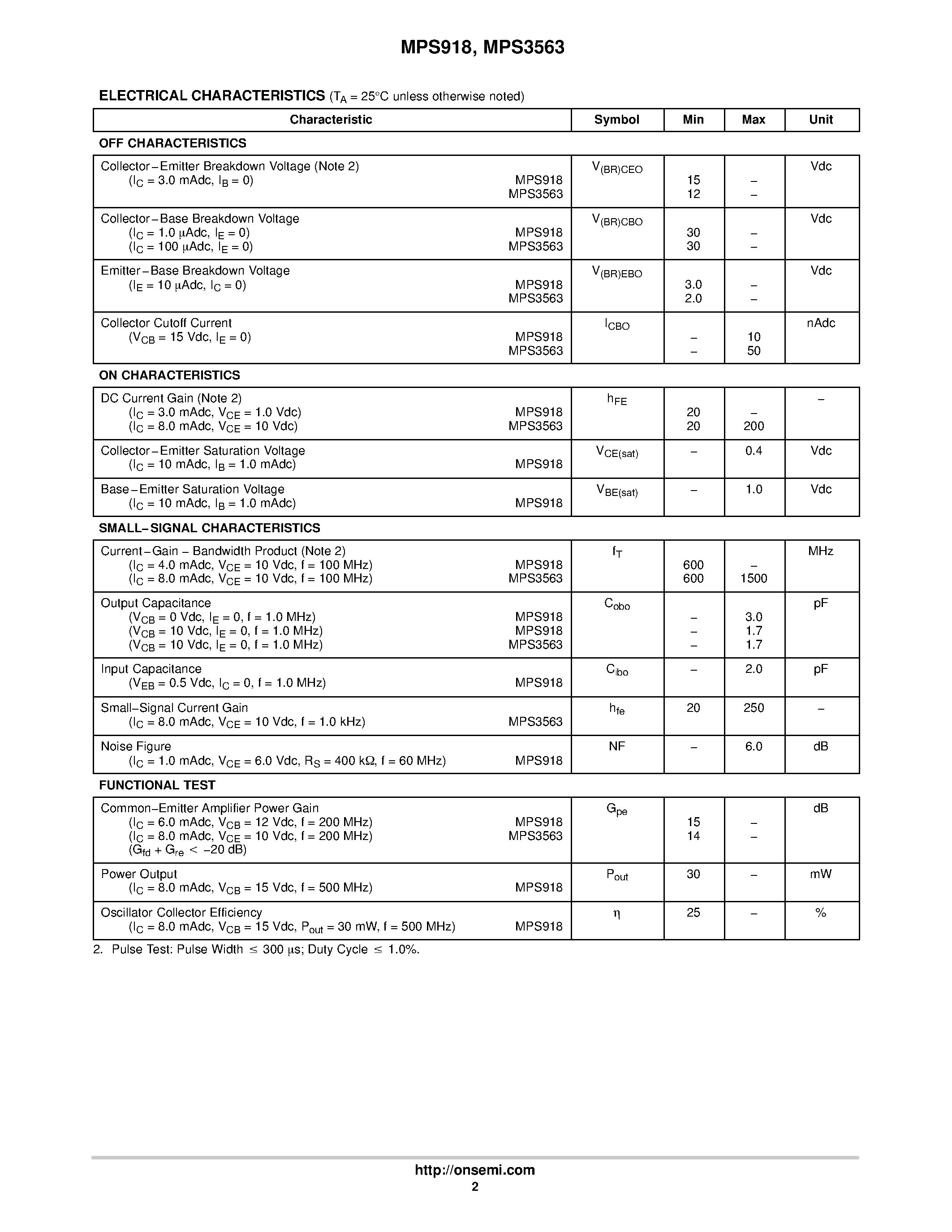 Datasheet MPS3563 page 2 Datasheet MPS3563 - (MPS3563 / MPS918) Amplifier Transistors NPN Silicon page 2