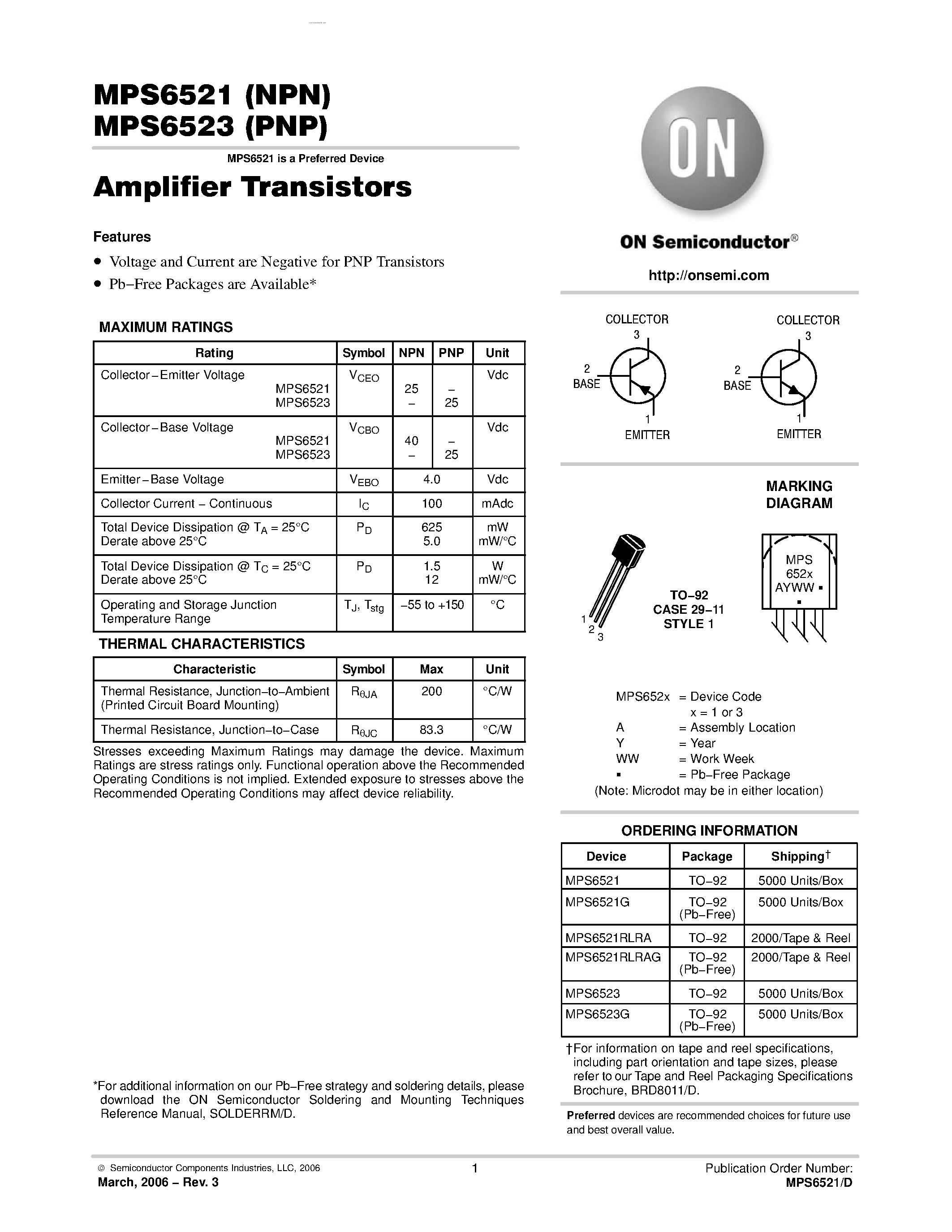 Datasheet MPS6521 page 1 Datasheet MPS6521 - (MPS6521 / MPS6523) Amplifier Transistors page 1