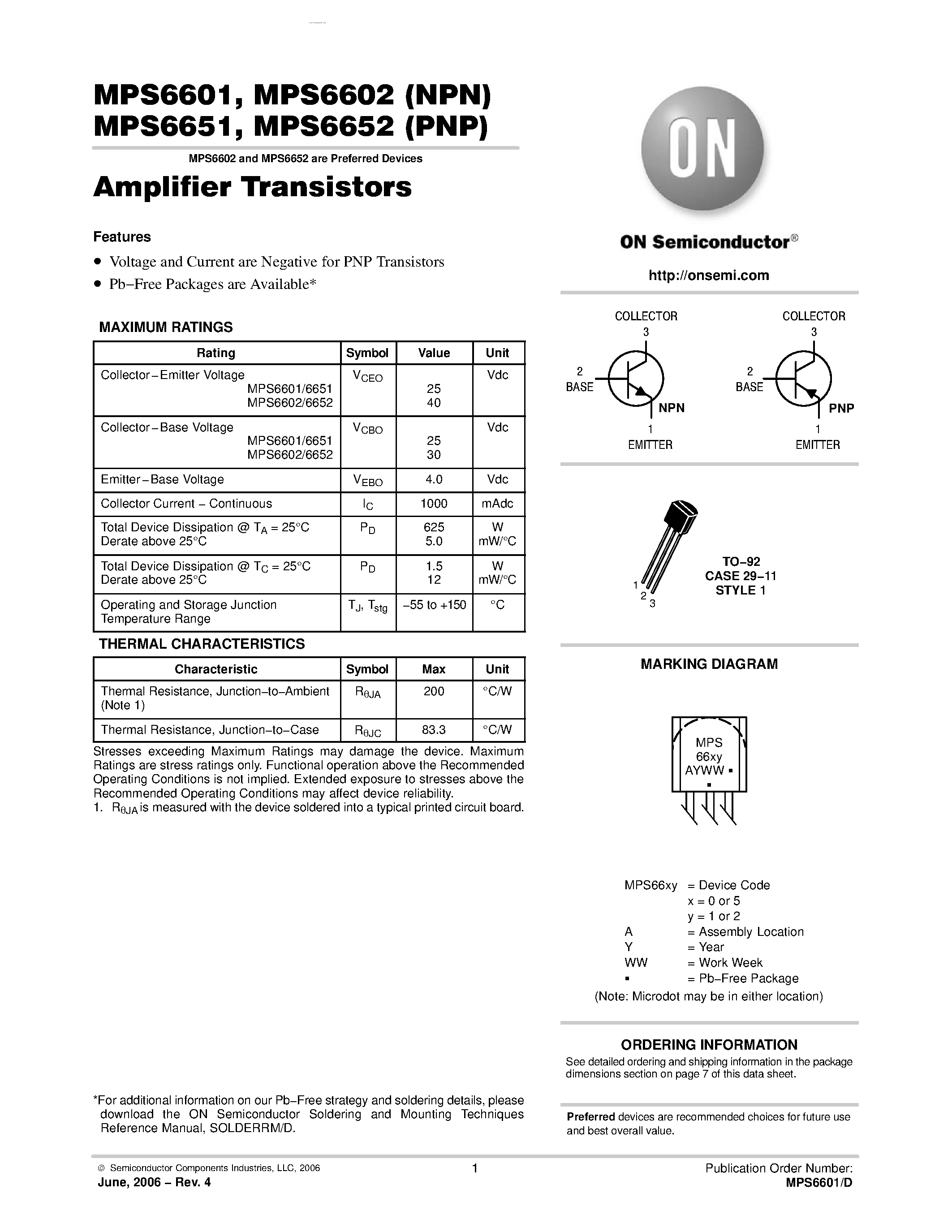 Даташит MPS6601 - (MPS6651 / MPS6652) Amplifier Transistors страница 1