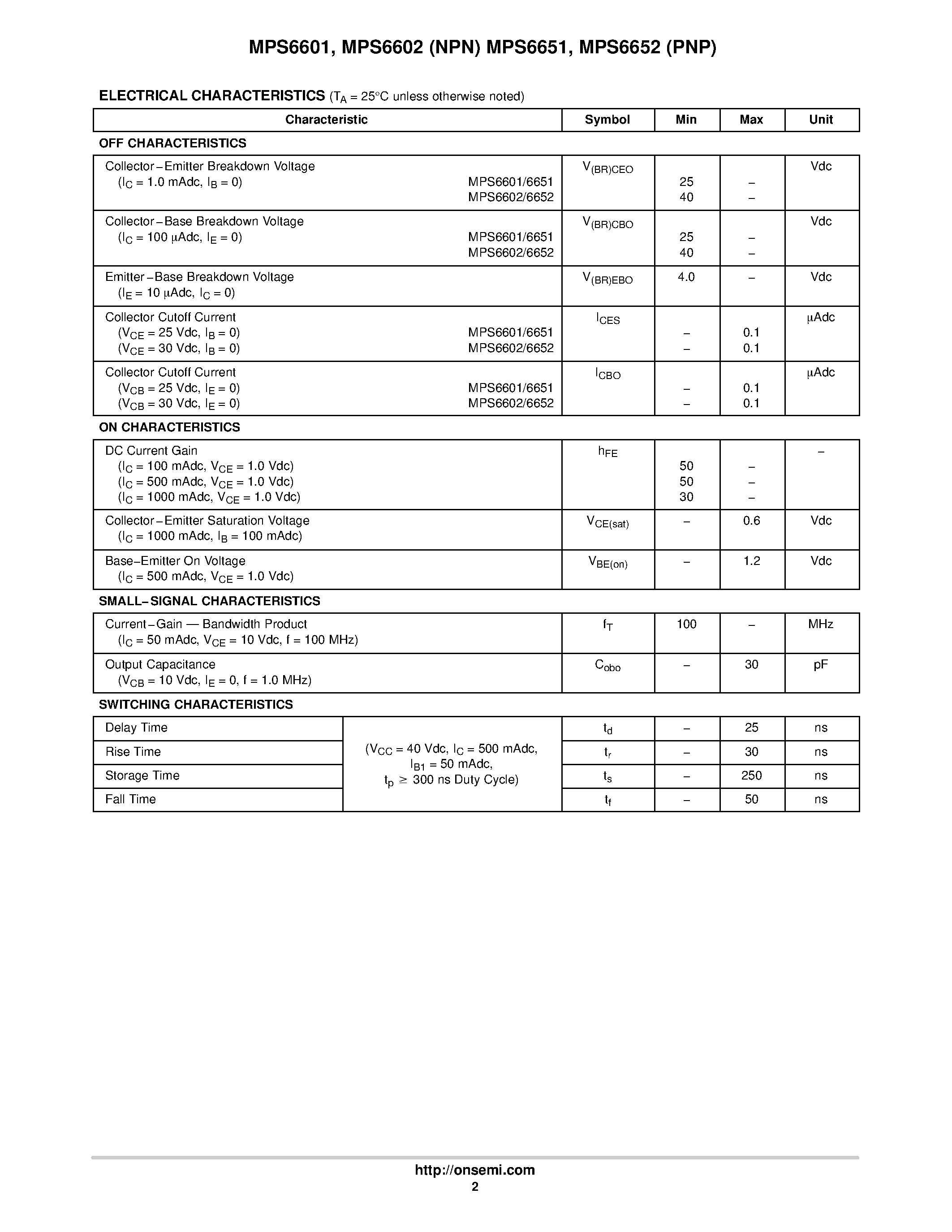 Даташит MPS6601 - (MPS6651 / MPS6652) Amplifier Transistors страница 2