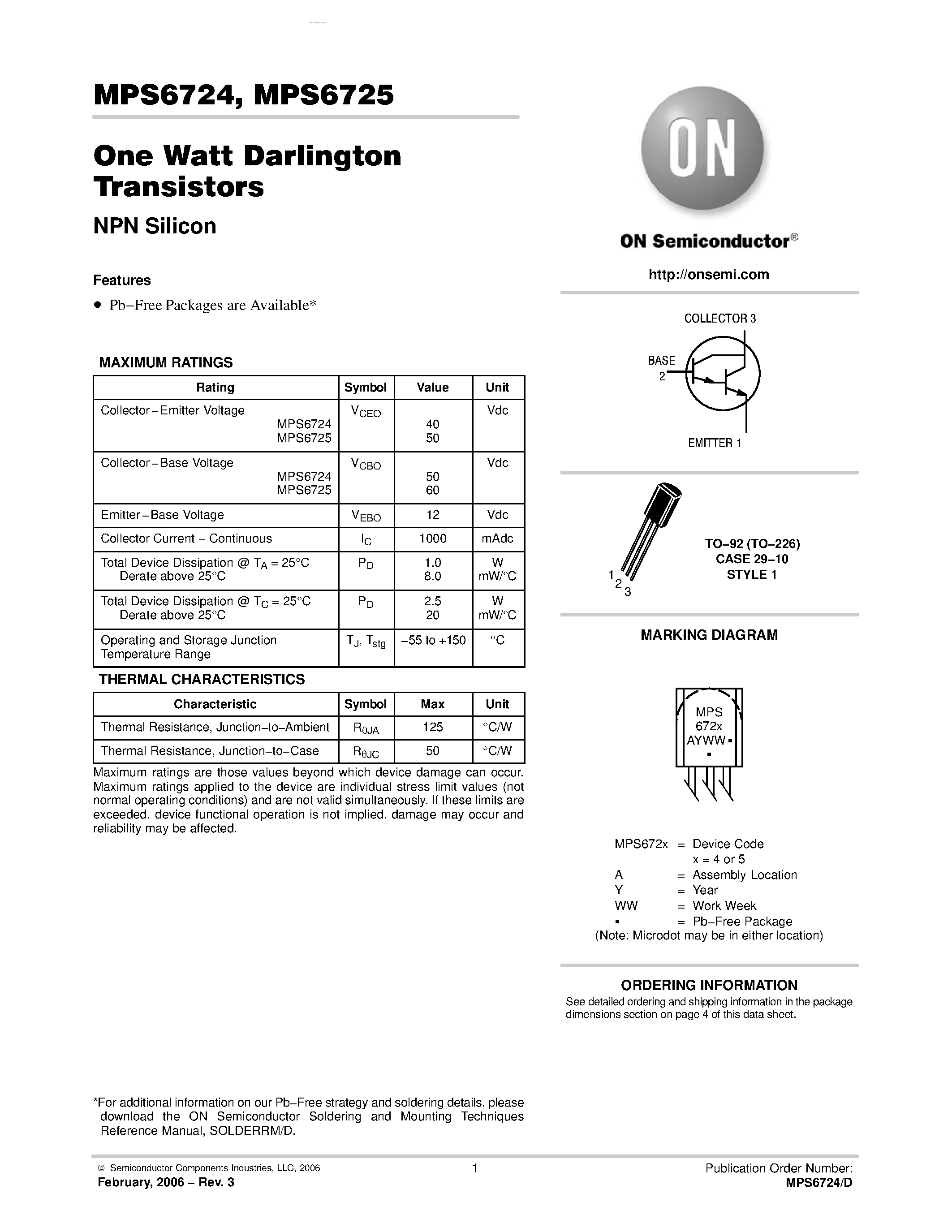 Datasheet MPS6724 page 1 Datasheet MPS6724 - (MPS6724 / MPS6725) One Watt Darlington Transistors NPN Silicon page 1