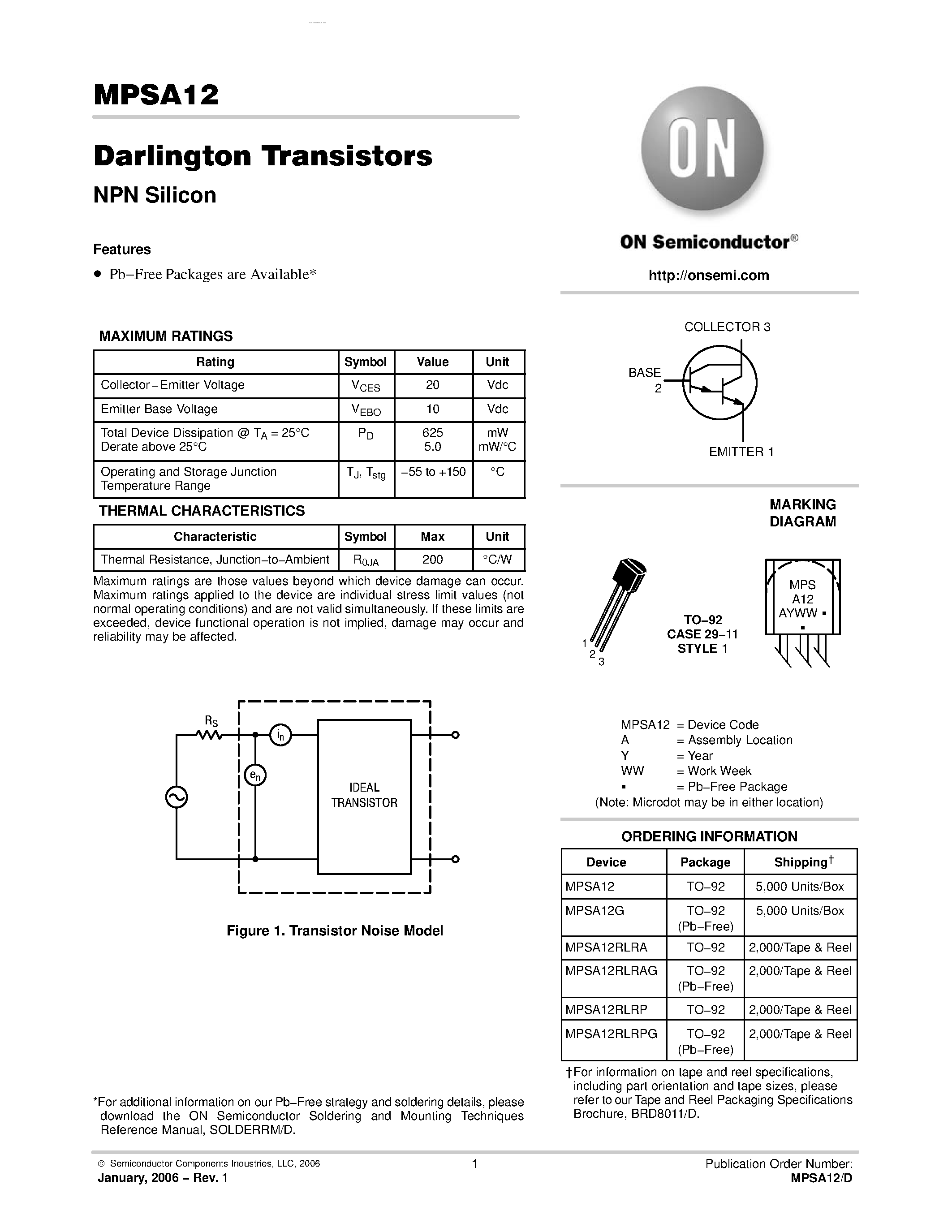 Datasheet MPSA12 page 1 Datasheet MPSA12 - Darlington Transistors NPN Silicon page 1