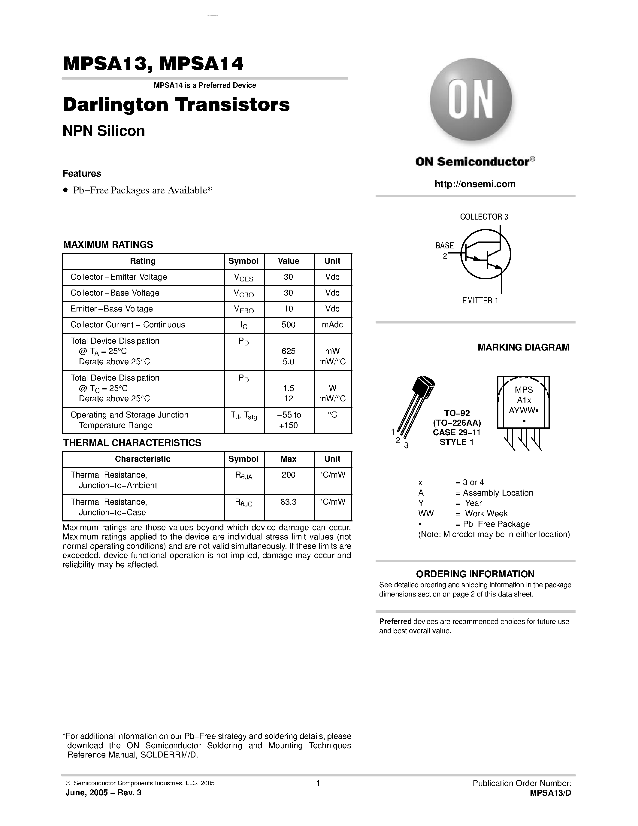 Datasheet MPSA13 page 1 Datasheet MPSA13 - (MPSA13 / MPSA14) Darlington Transistors NPN Silicon page 1