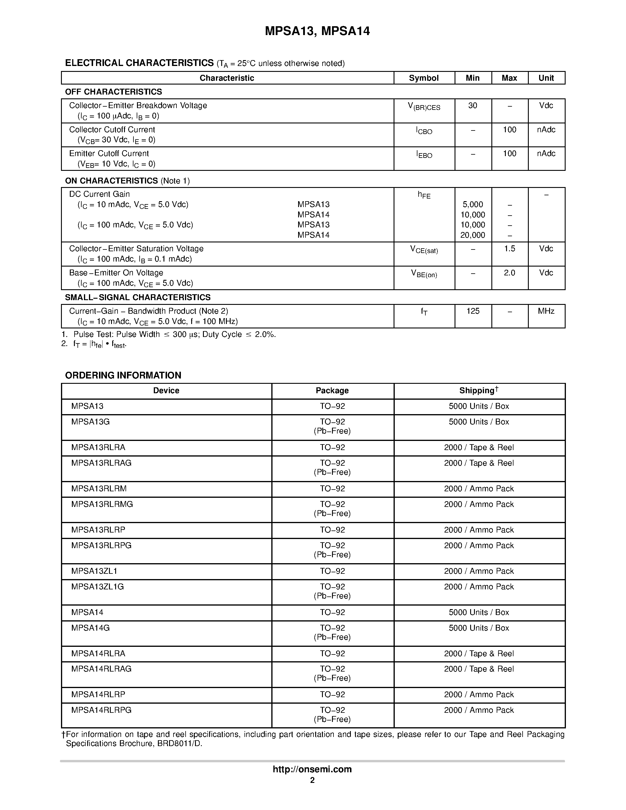 Datasheet MPSA13 page 2 Datasheet MPSA13 - (MPSA13 / MPSA14) Darlington Transistors NPN Silicon page 2