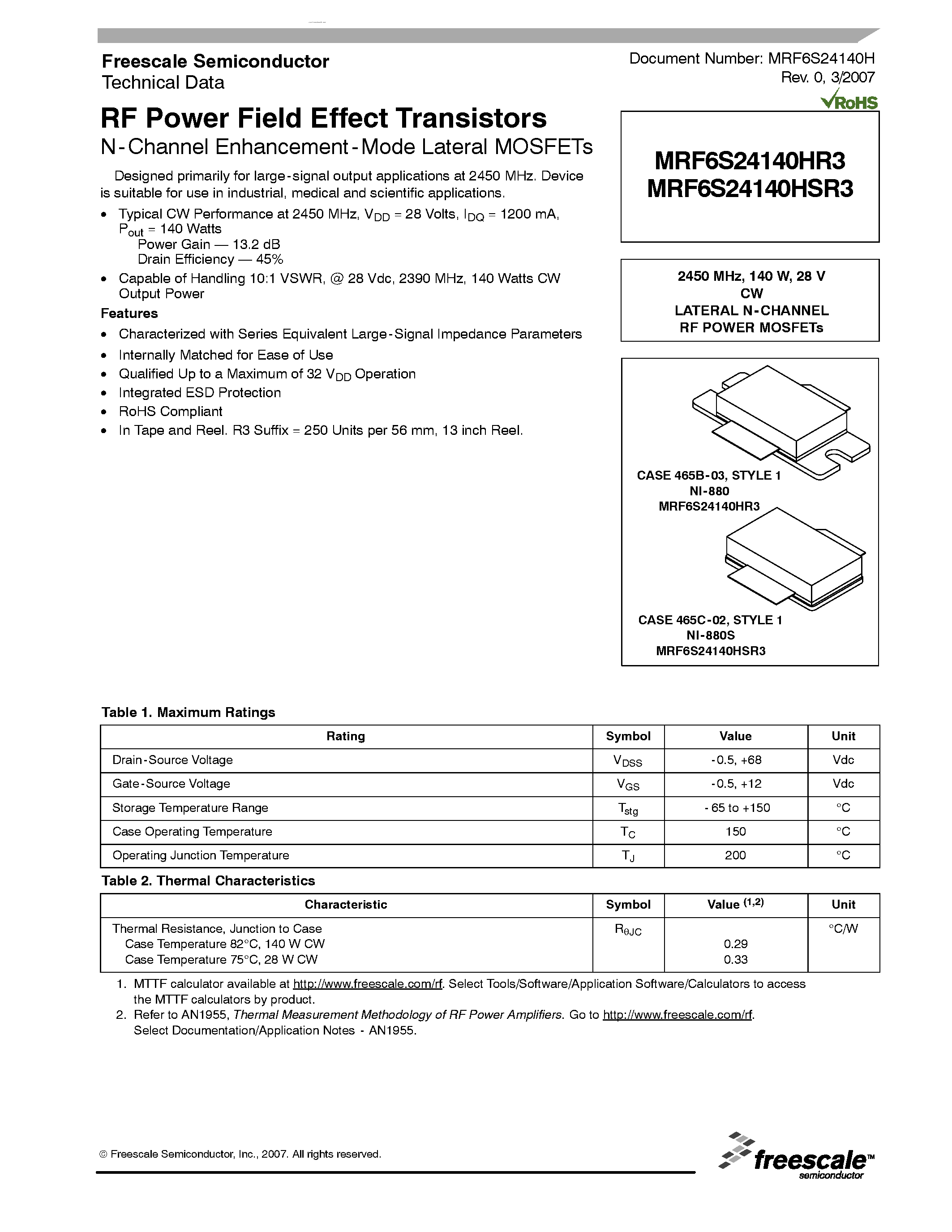 Datasheet MRF6S24140HR3 - RF Power Field Effect Transistors N-Channel Enhancement-Mode Lateral MOSFETs page 1