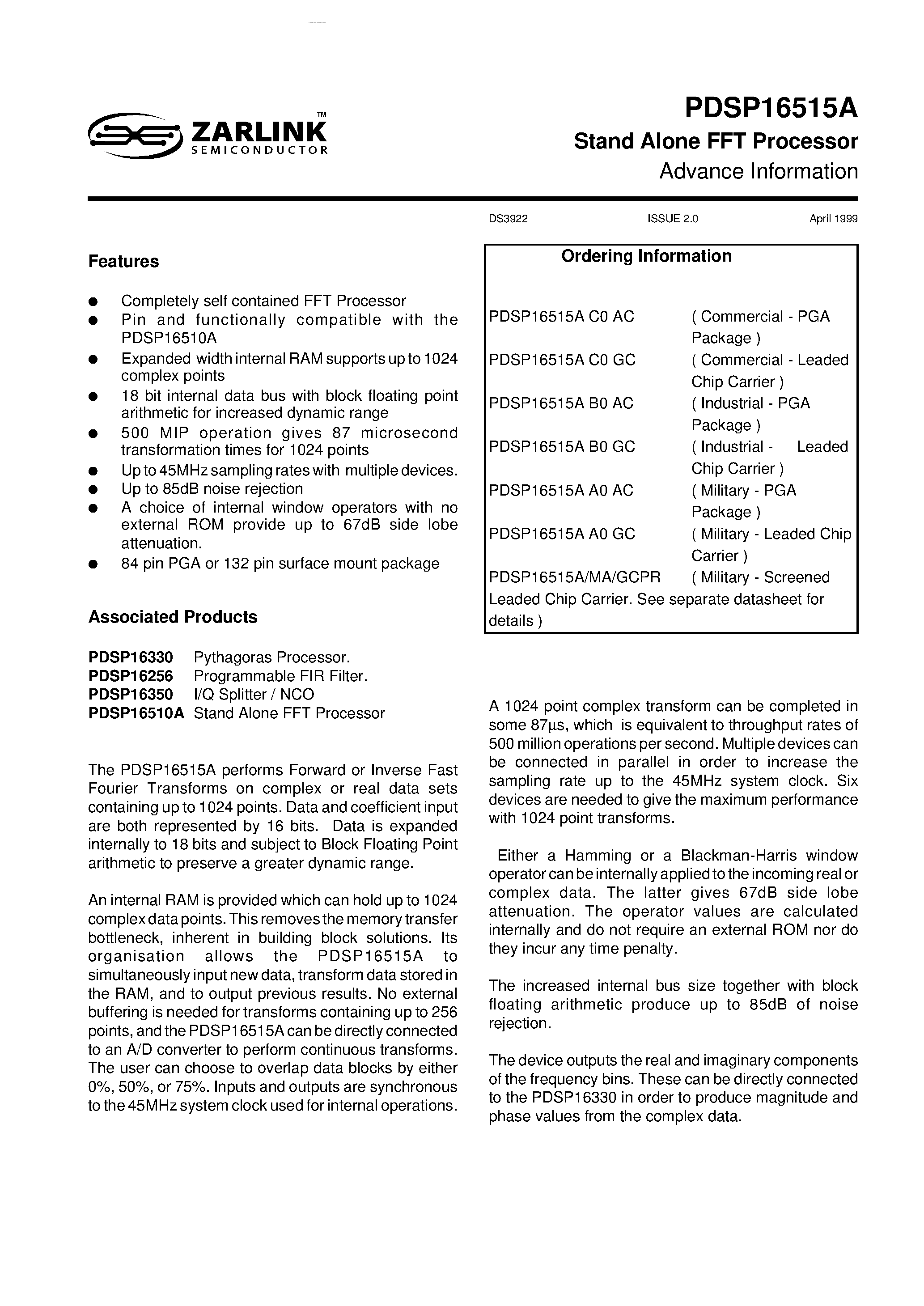 Даташит на микросхему PDSP16515A страница 1 Даташит PDSP16515A - Stand Alone FFT Processor страница 1