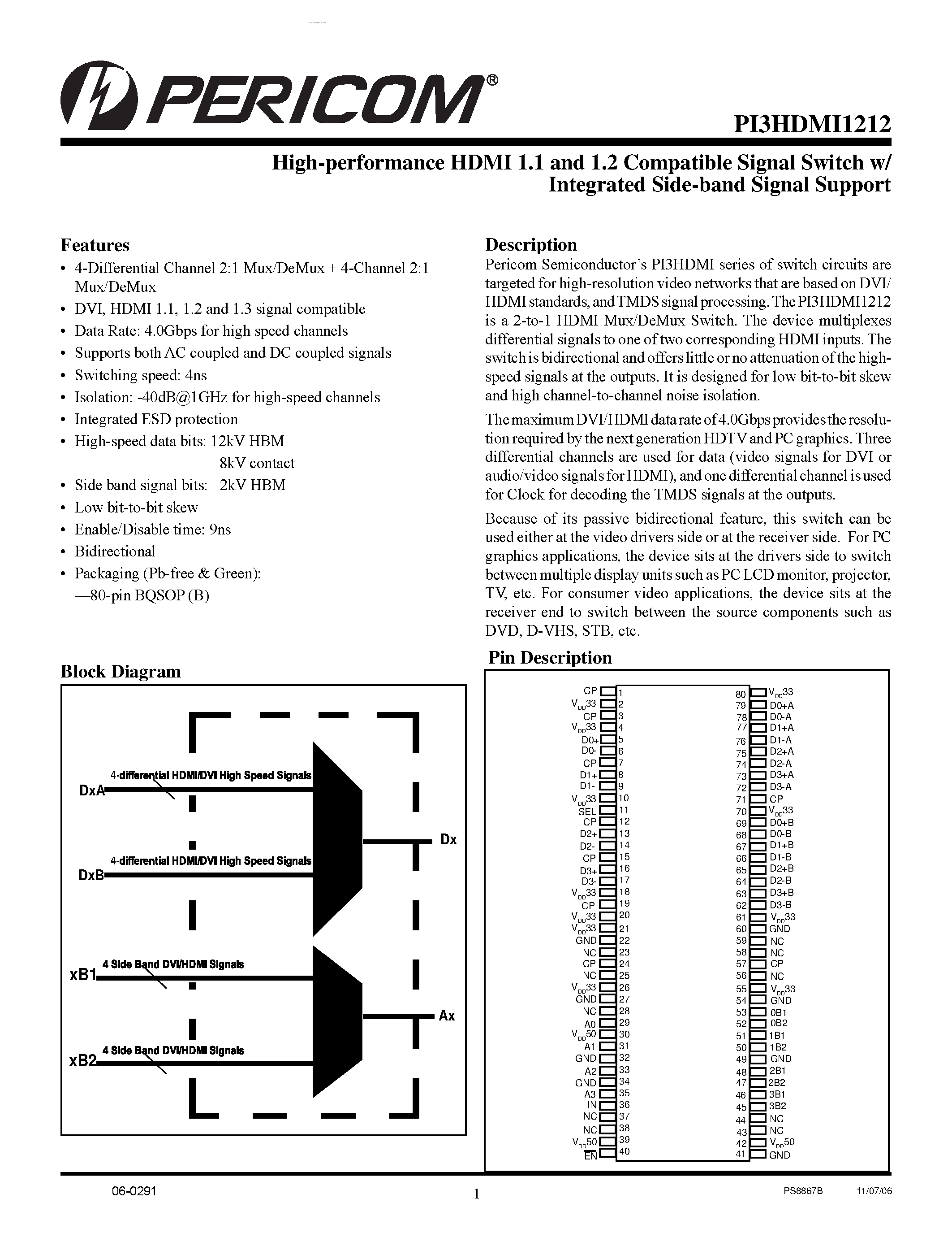 Datasheet PI3HDMI1212 - High-performance HDMI 1.1 and 1.2 Compatible Signal Switch w/ Integrated Side-band Signal Support page 1