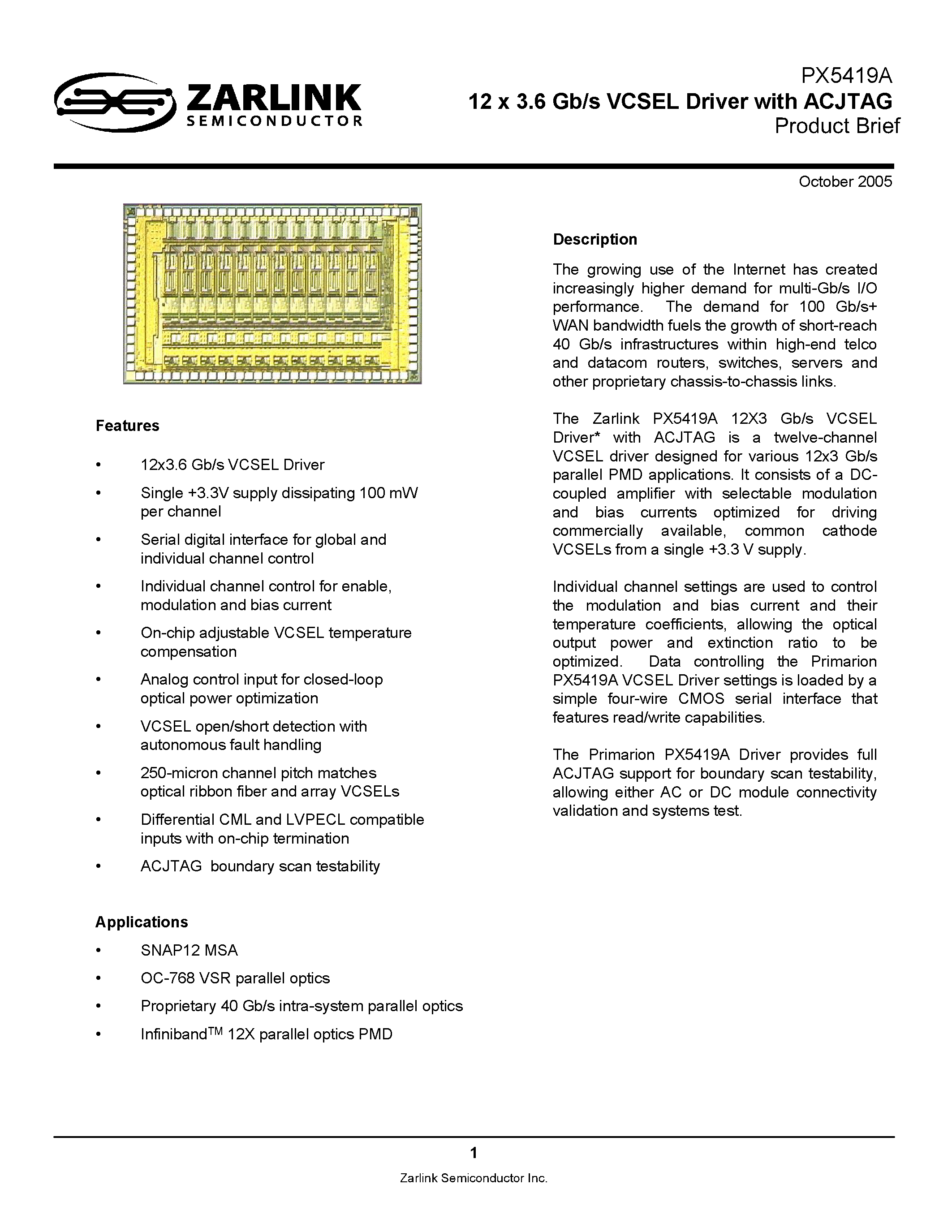 Datasheet PX5419A - 12 x 3.6 Gb/s VCSEL Driver page 1