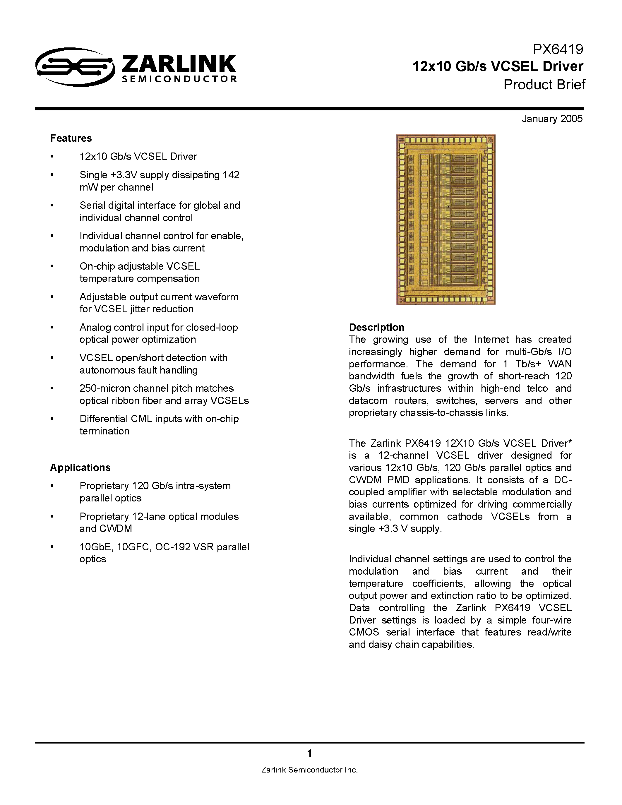 Datasheet PX6419 page 1 Datasheet PX6419 - 12x10 Gb/s VCSEL Driver page 1
