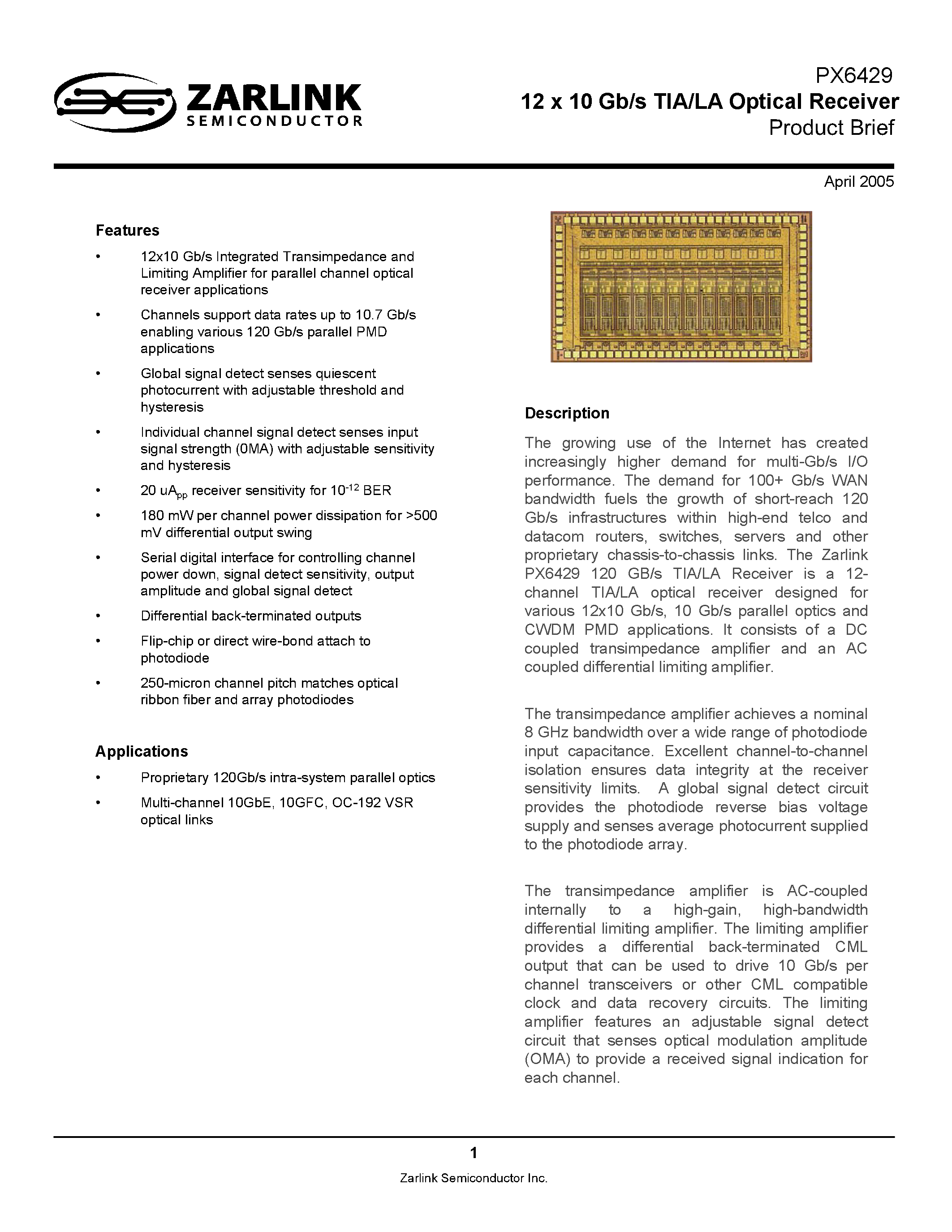 Datasheet PX6429 - 12 x 10 Gb/s TIA/LA Optical Receiver page 1
