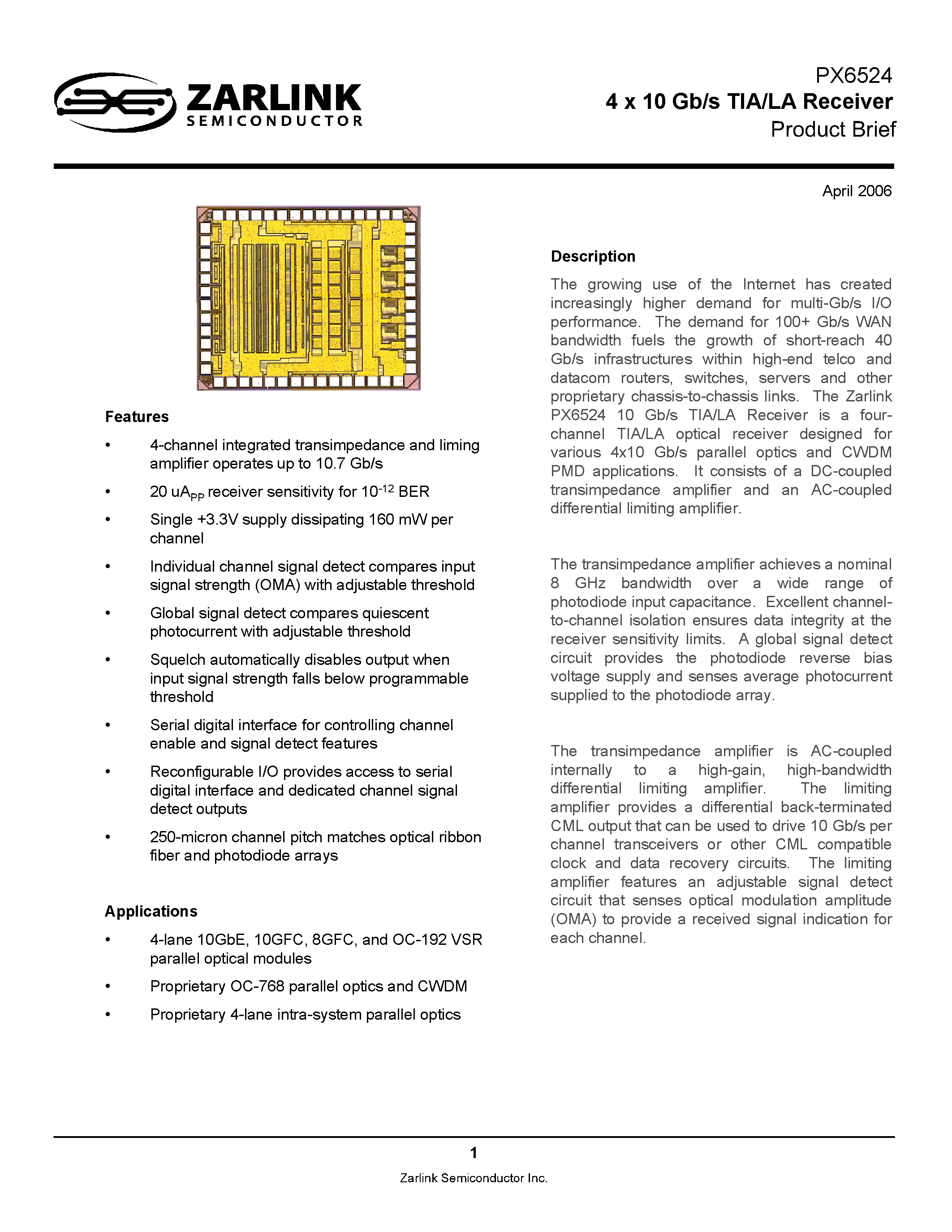 Datasheet PX6524 page 1 Datasheet PX6524 - 4 x 10 Gb/s TIA/LA Receiver page 1