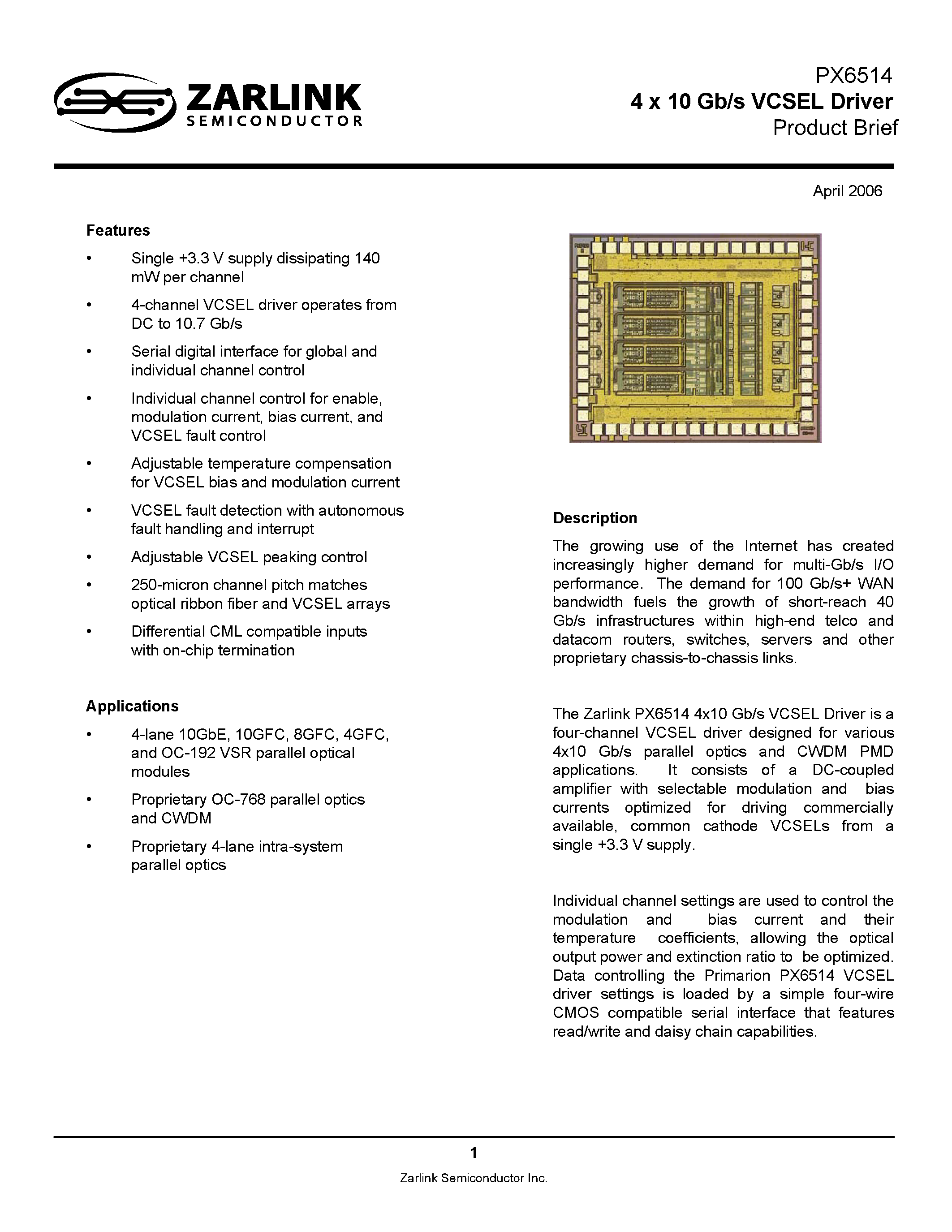 Datasheet PX6514 - 4 x 10 Gb/s VCSEL Driver page 1
