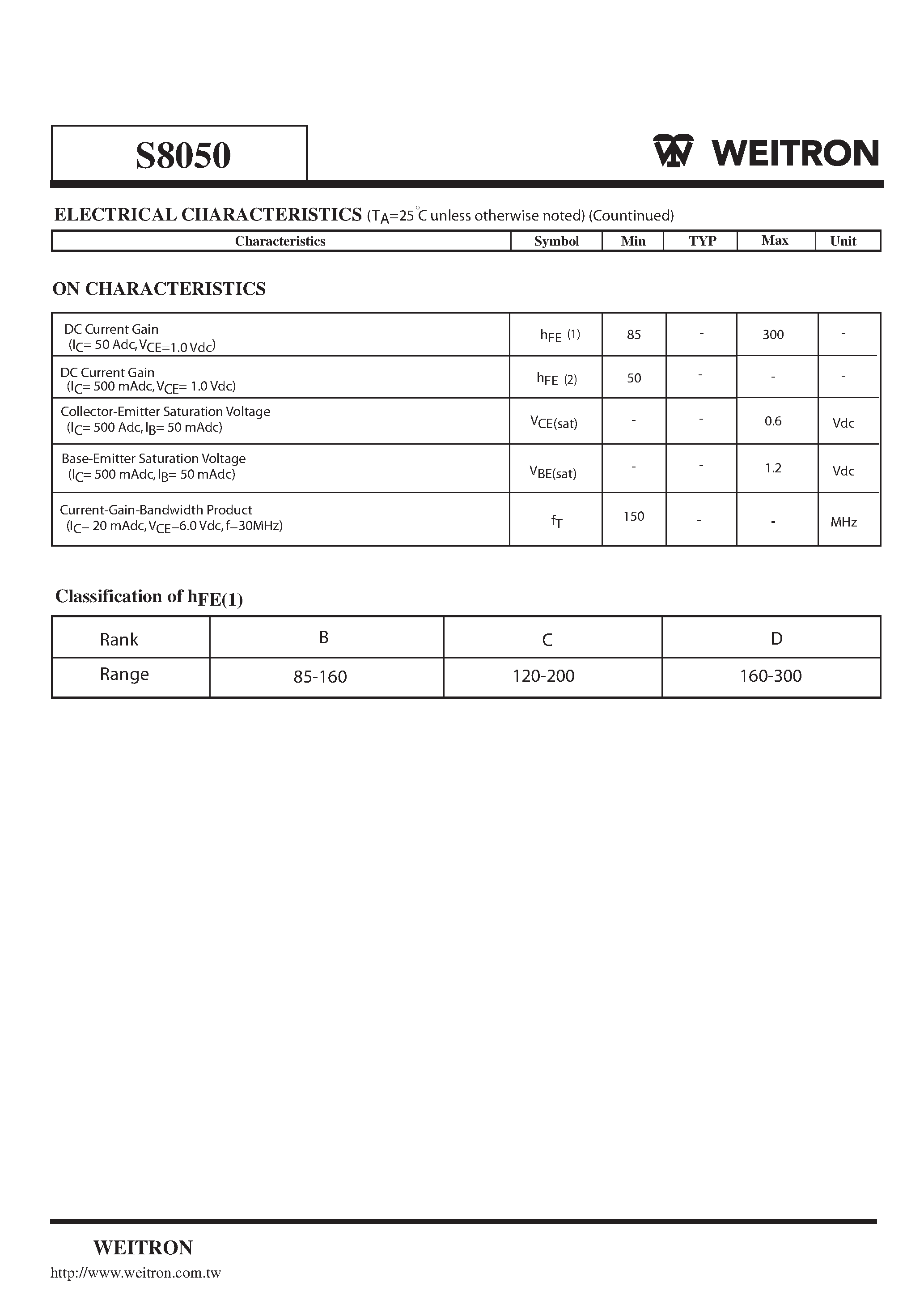 Datasheet S8050 - NPN General Purpose Transistors page 2