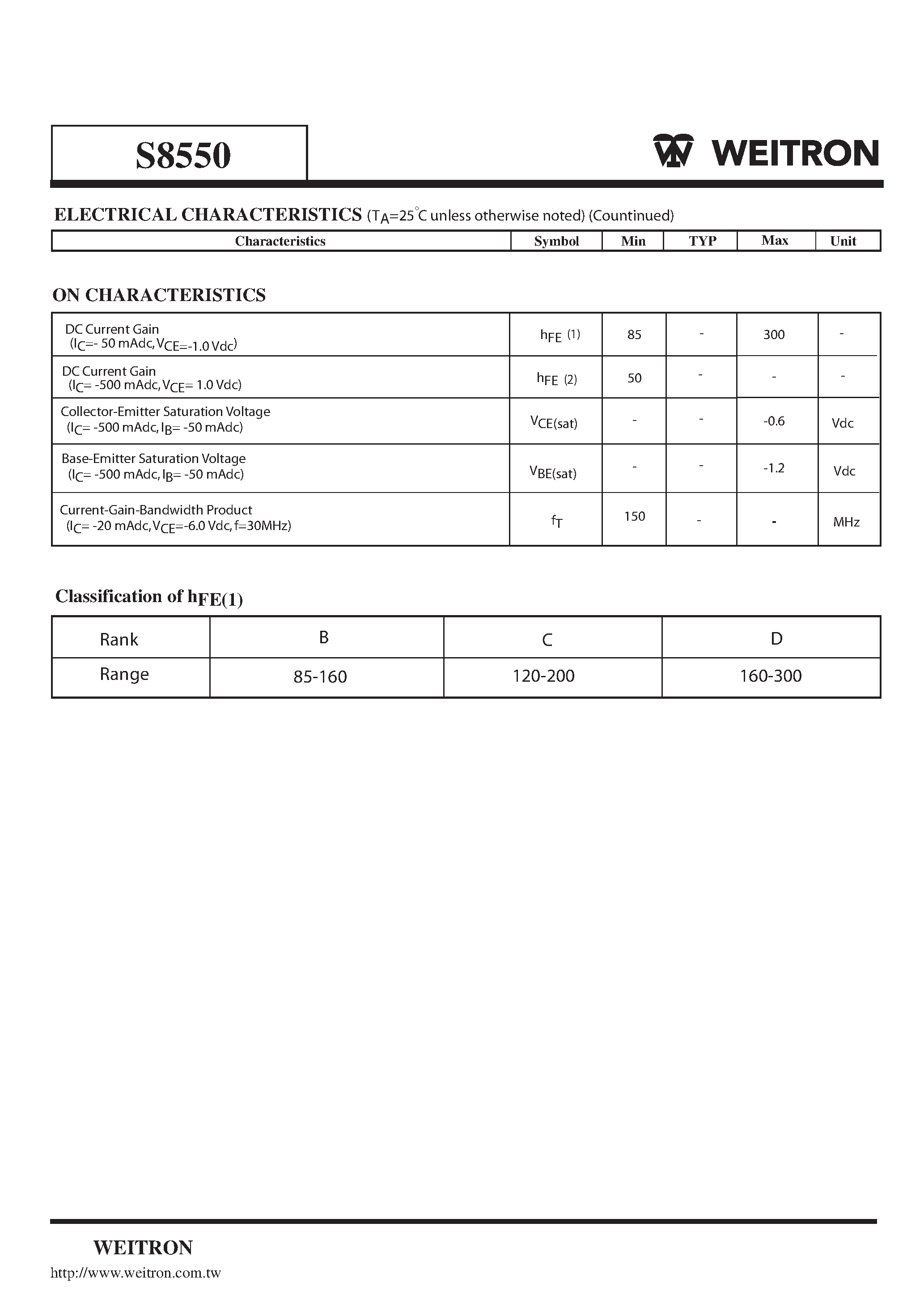 Datasheet S8550 - PNP General Purpose Transistors page 2
