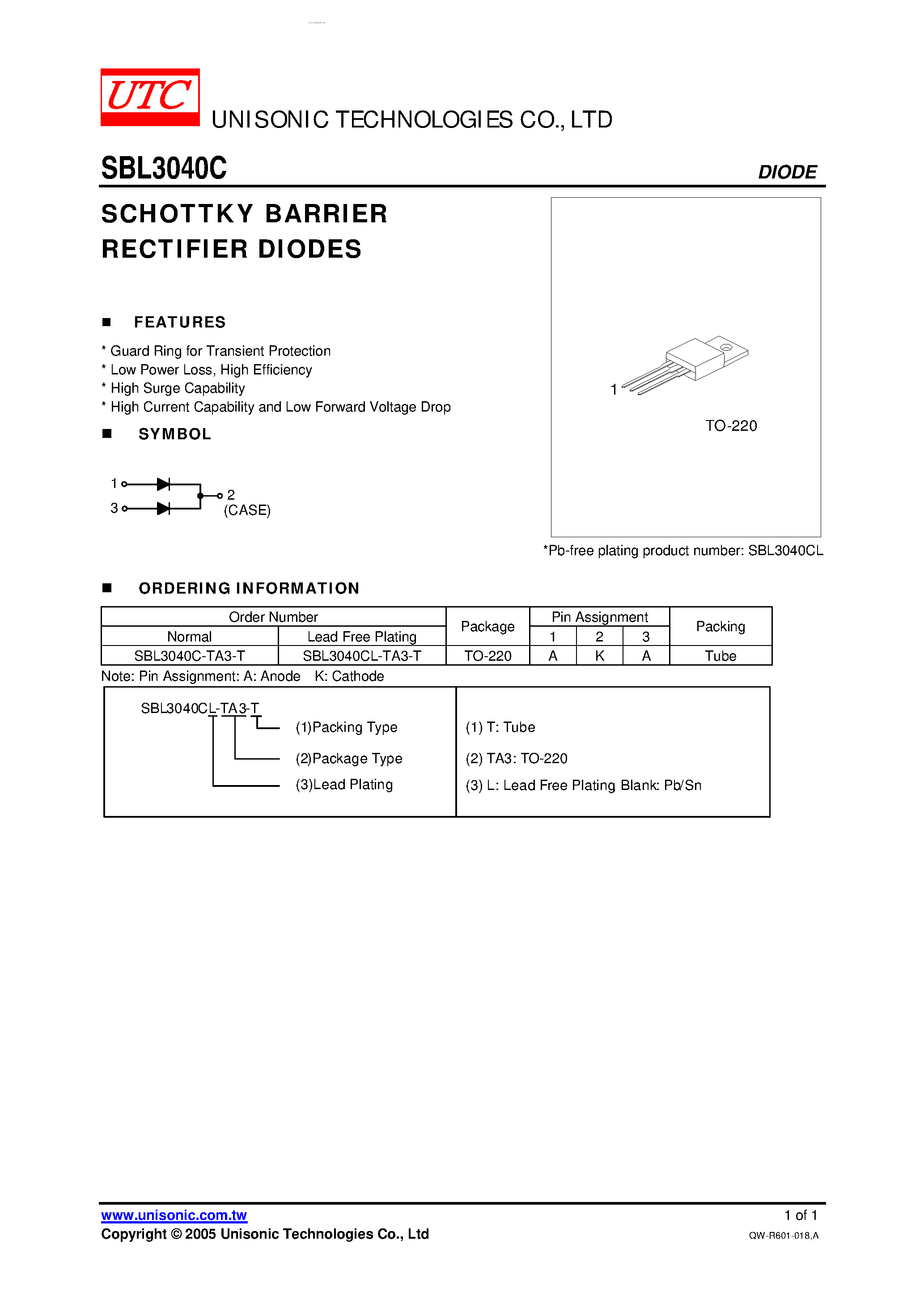 Даташит на микросхему SBL3040C страница 1 Даташит SBL3040C - SCHOTTKY BARRIER RECTIFIER DIODES страница 1