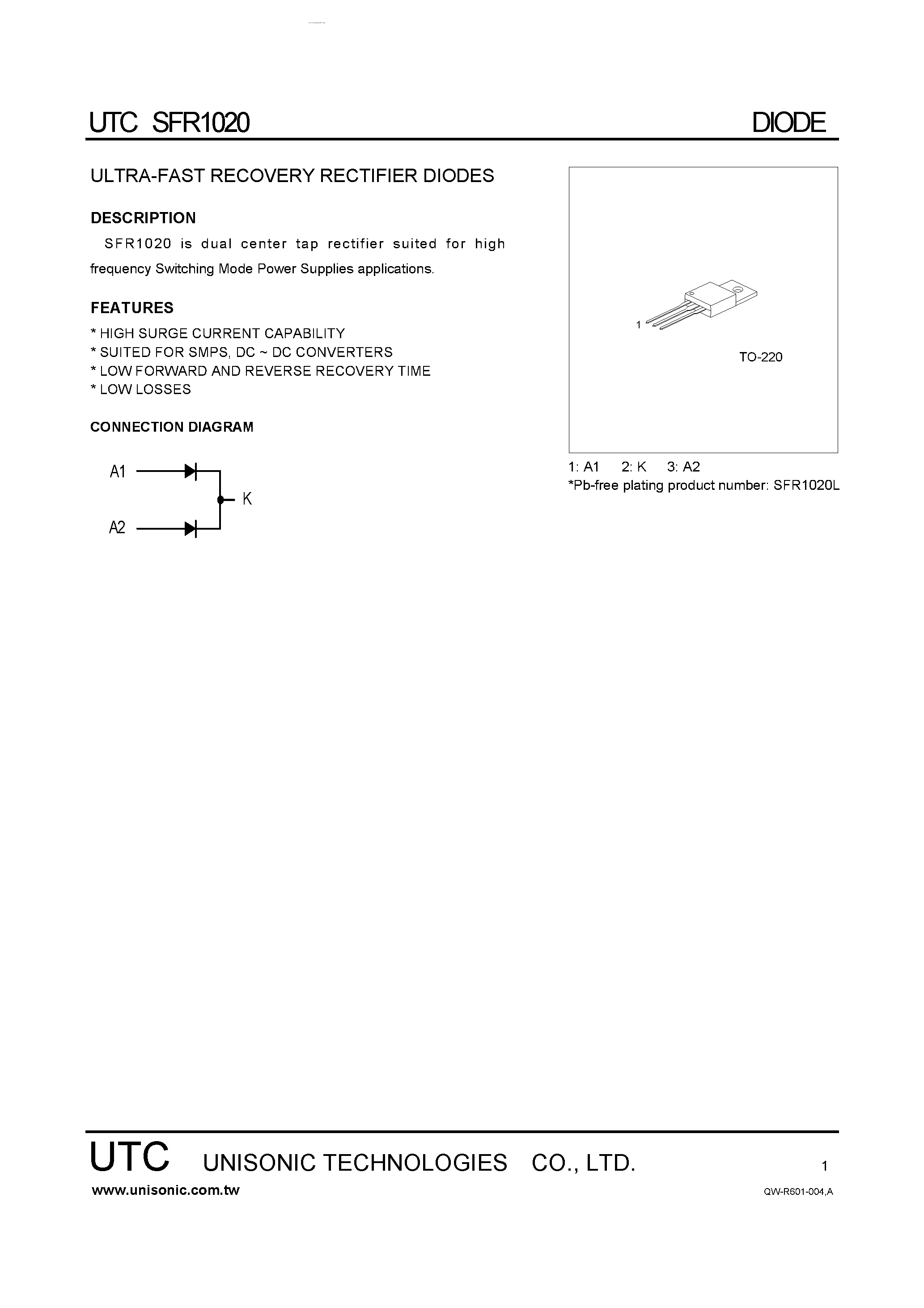 Datasheet SFR1020 page 1 Datasheet SFR1020 - ULTRA-FAST RECOVERY RECTIFIER DIODES page 1