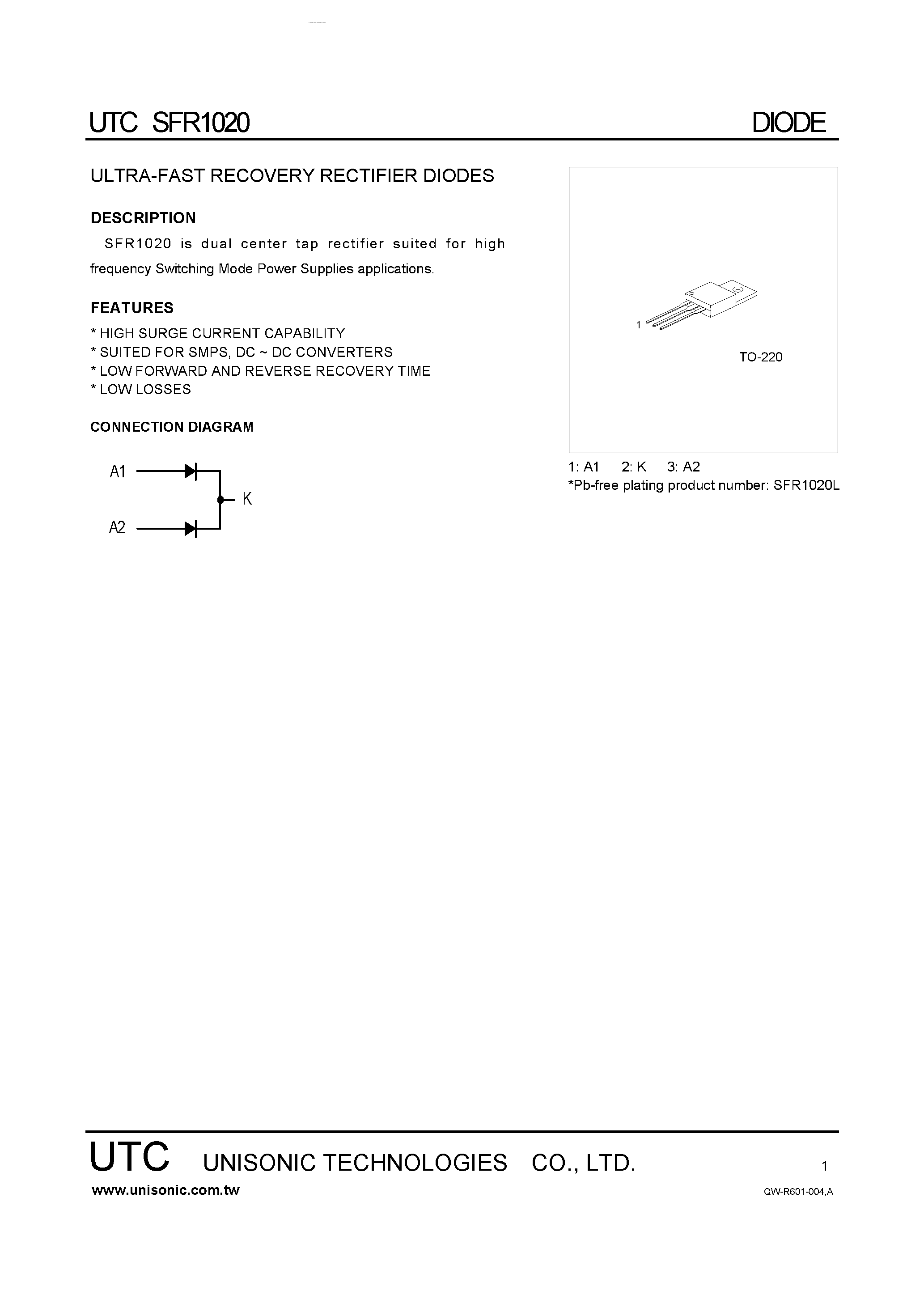 Datasheet SFR1020 - ULTRA-FAST RECOVERY RECTIFIER DIODES page 1
