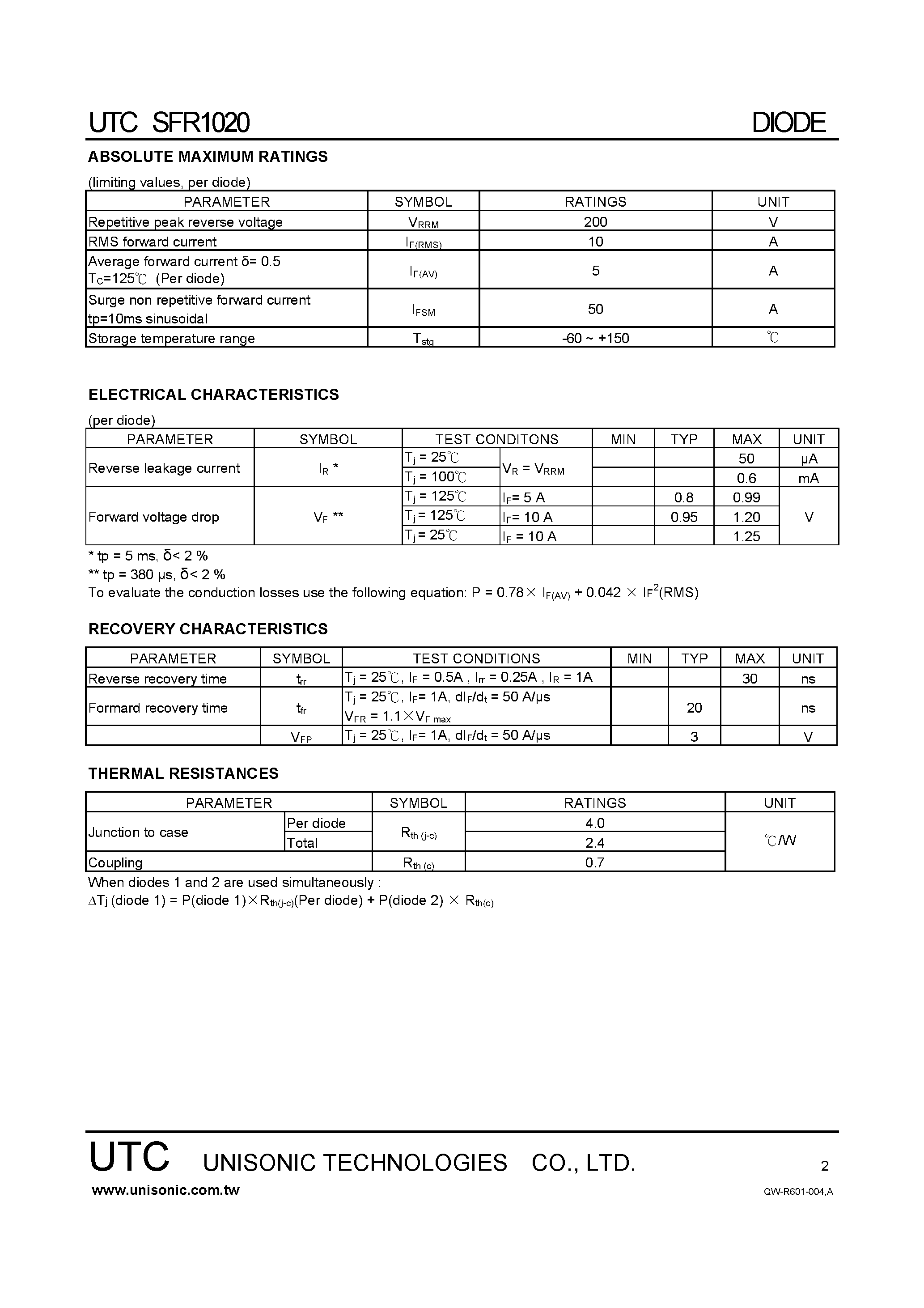 Datasheet SFR1020 page 2 Datasheet SFR1020 - ULTRA-FAST RECOVERY RECTIFIER DIODES page 2