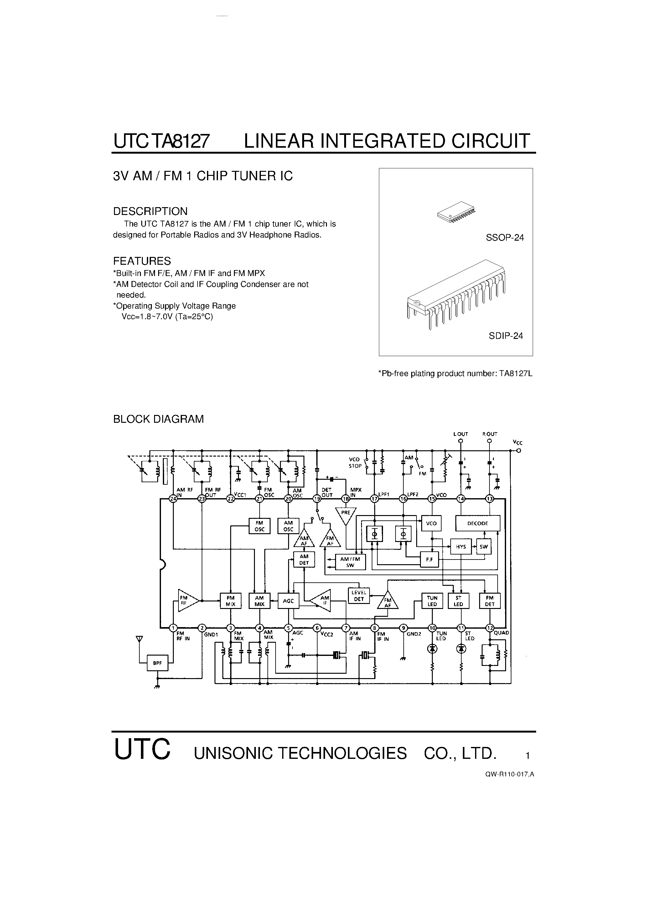 Datasheet TA8127 - 3V AM / FM 1 CHIP TUNER IC page 1