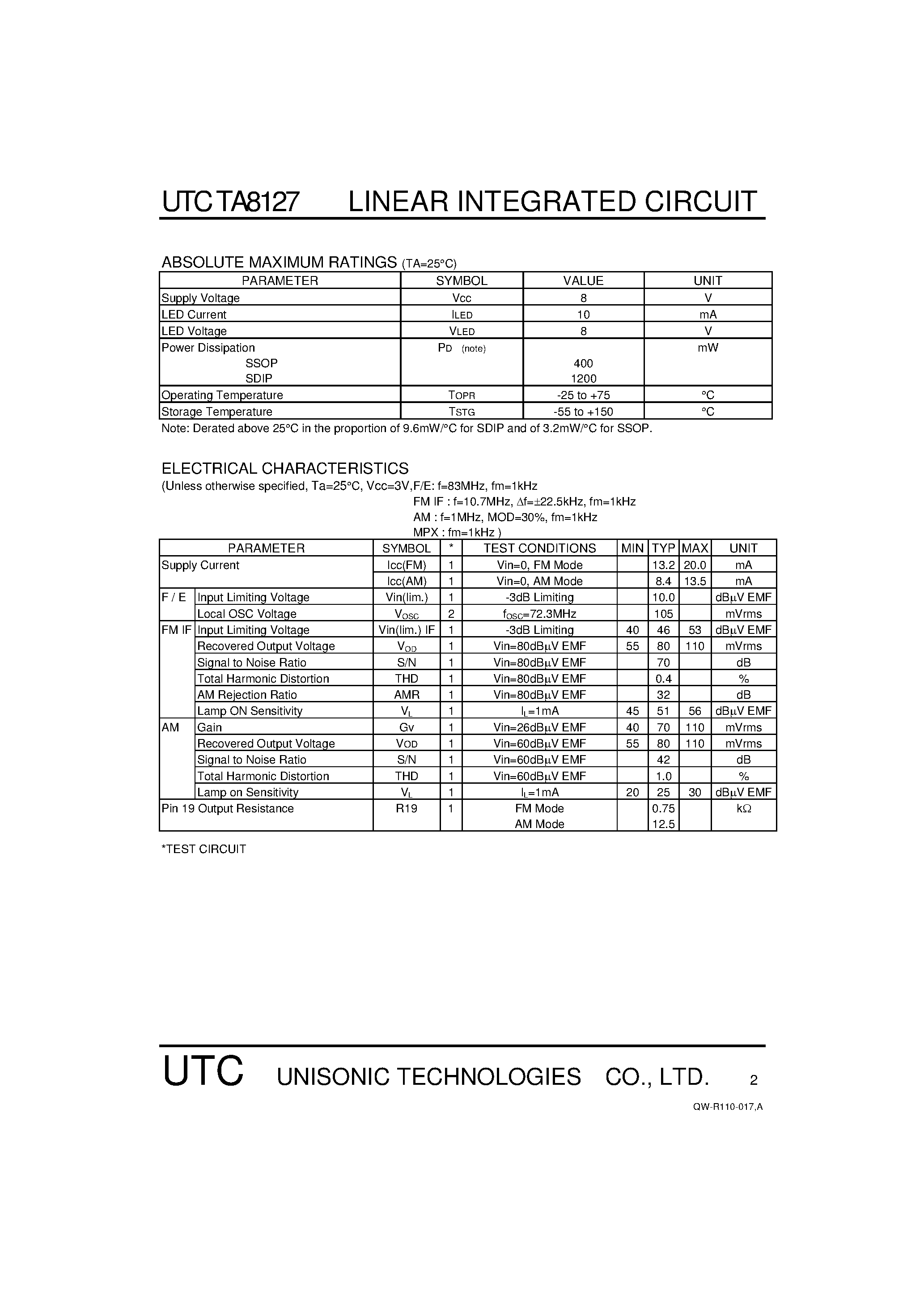 Datasheet TA8127 - 3V AM / FM 1 CHIP TUNER IC page 2