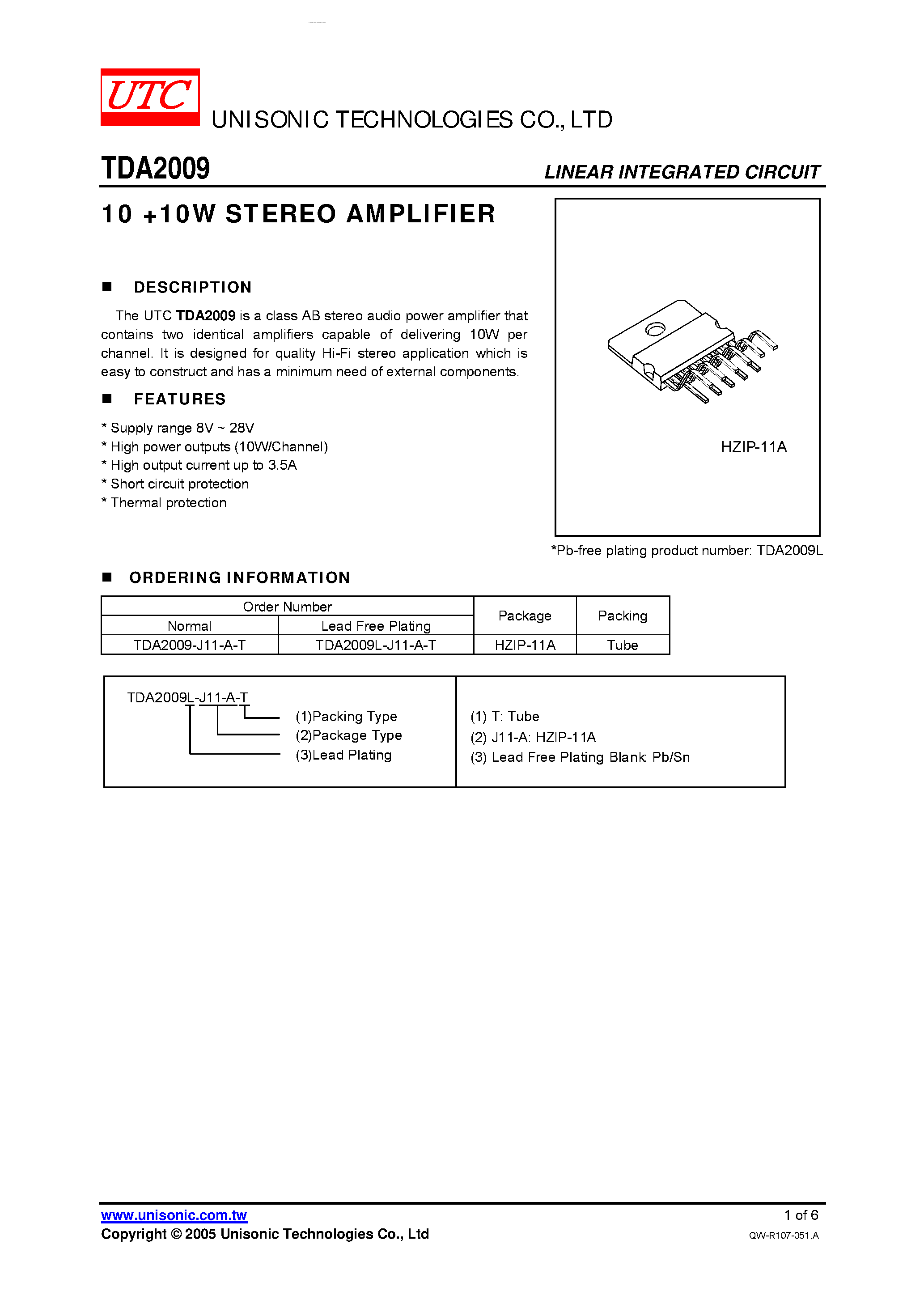 Даташит TDA2009 - 10 +10W STEREO AMPLIFIER страница 1
