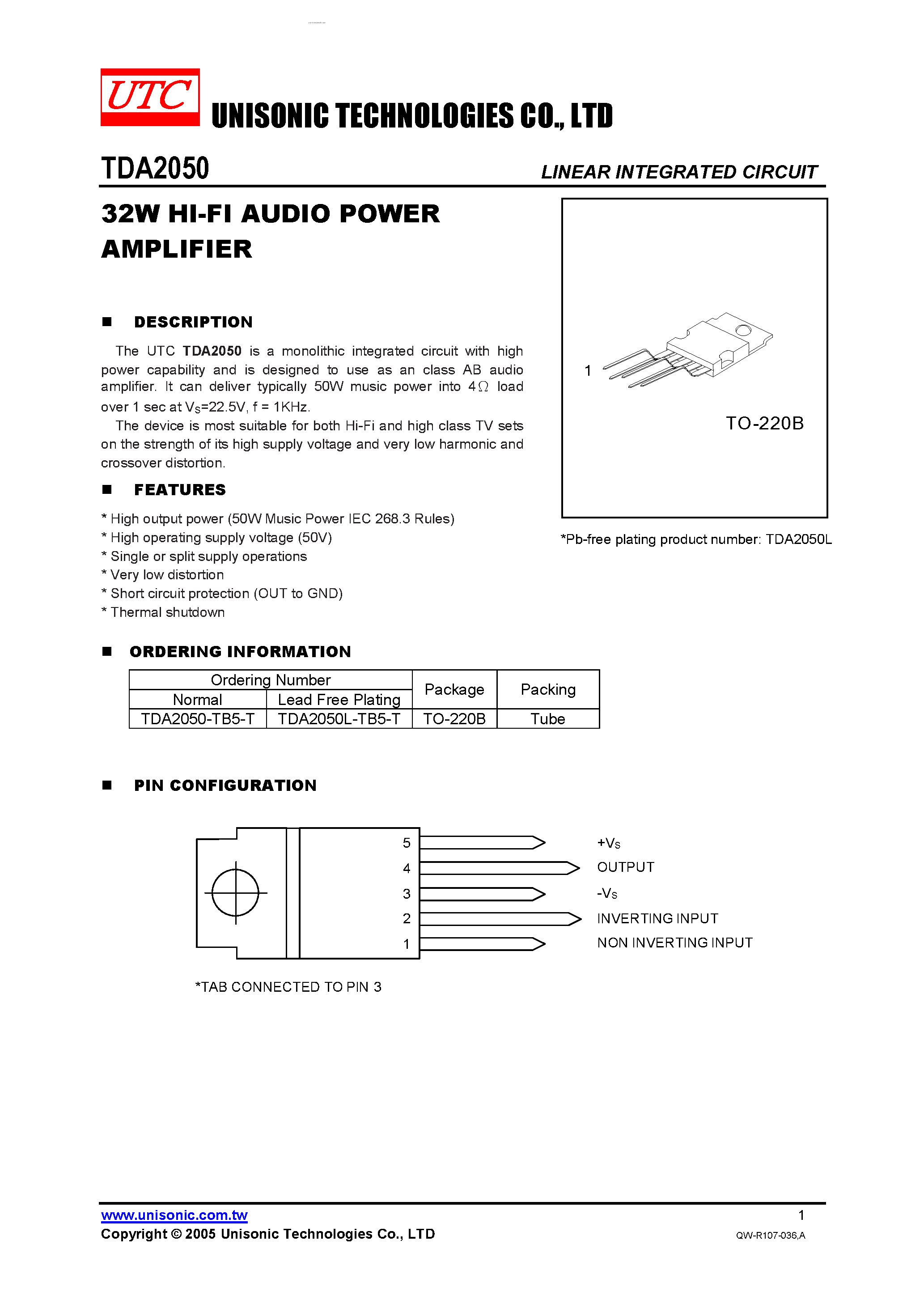 Datasheet TDA2050 page 1 Datasheet TDA2050 - 32W HI-FI AUDIO POWER AMPLIFIER page 1