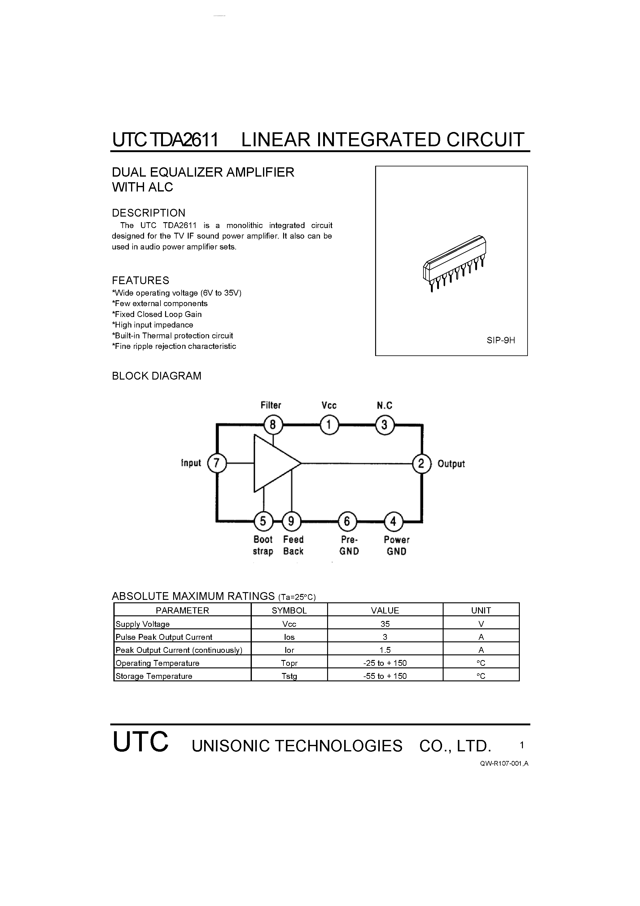 Datasheet TDA2611 - DUAL EQUALIZER AMPLIFIER page 1