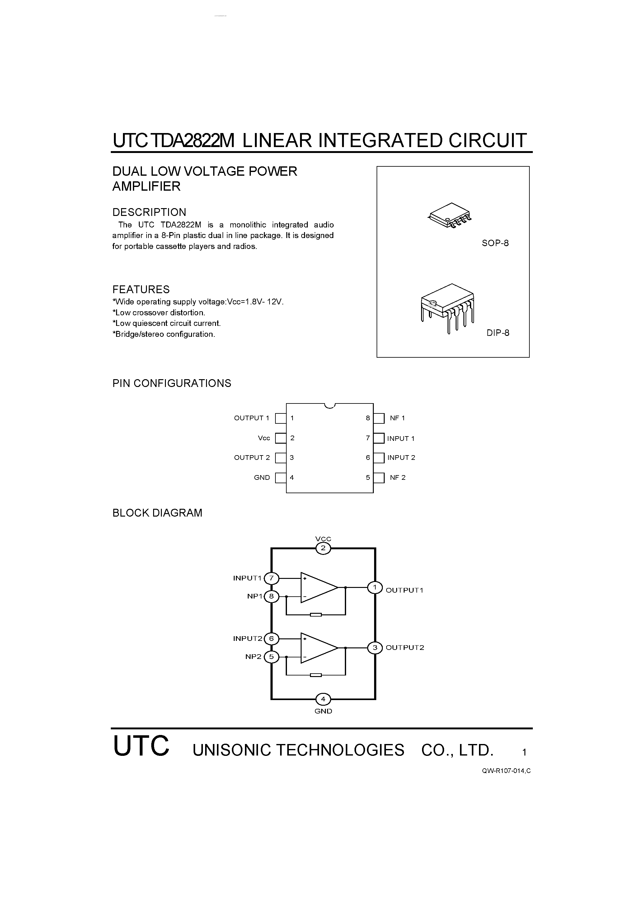 Даташит TDA2822M - DUAL LOW VOLTAGE POWER AMPLIFIER страница 1