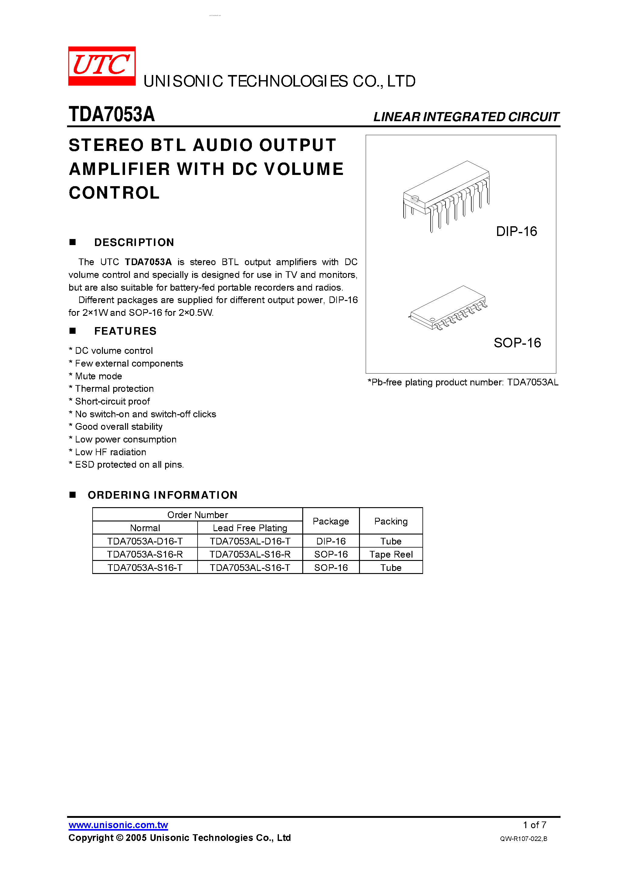 Даташит TDA7053A - STEREO BTL AUDIO OUTPUT AMPLIFIER страница 1