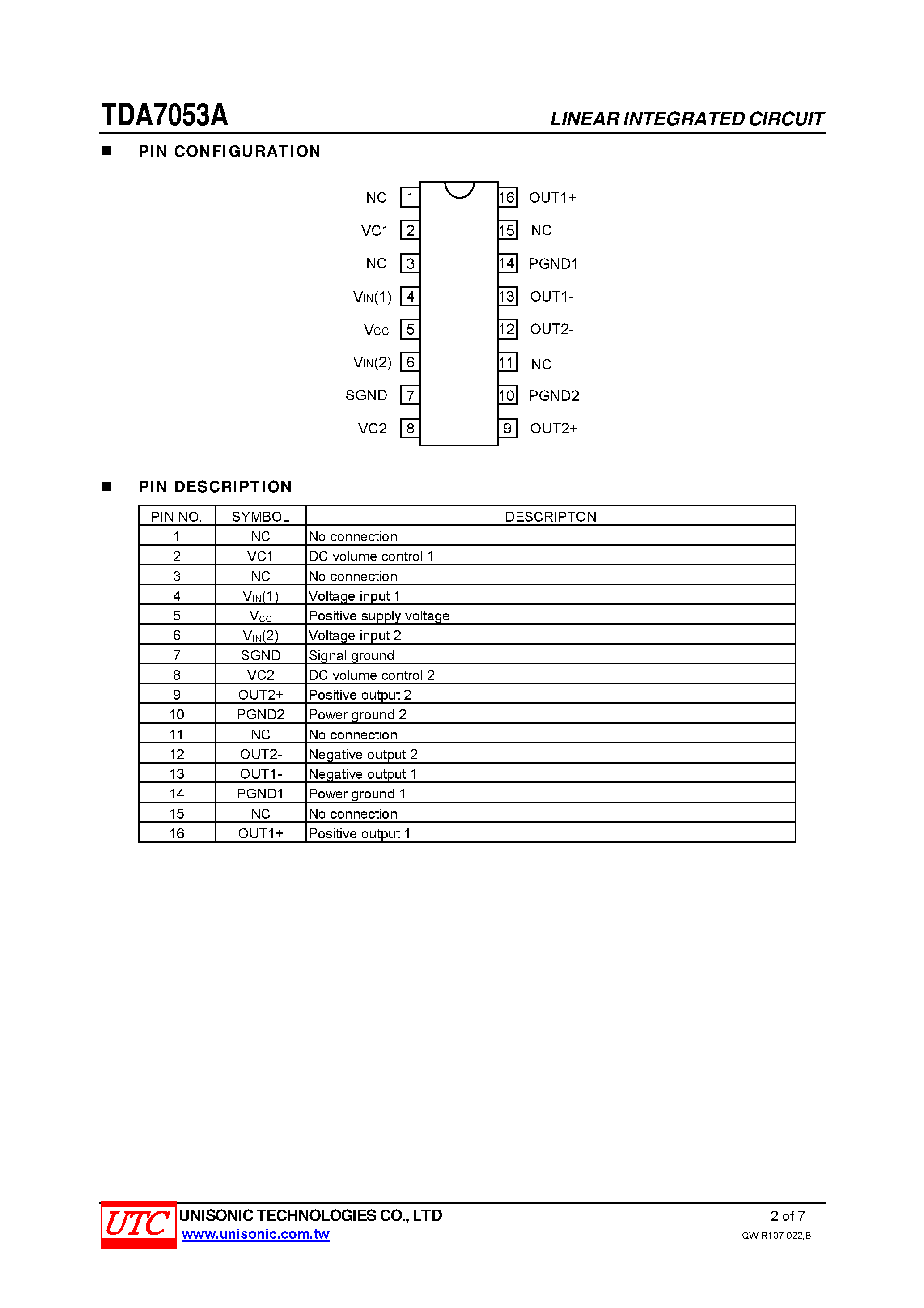 Даташит TDA7053A - STEREO BTL AUDIO OUTPUT AMPLIFIER страница 2