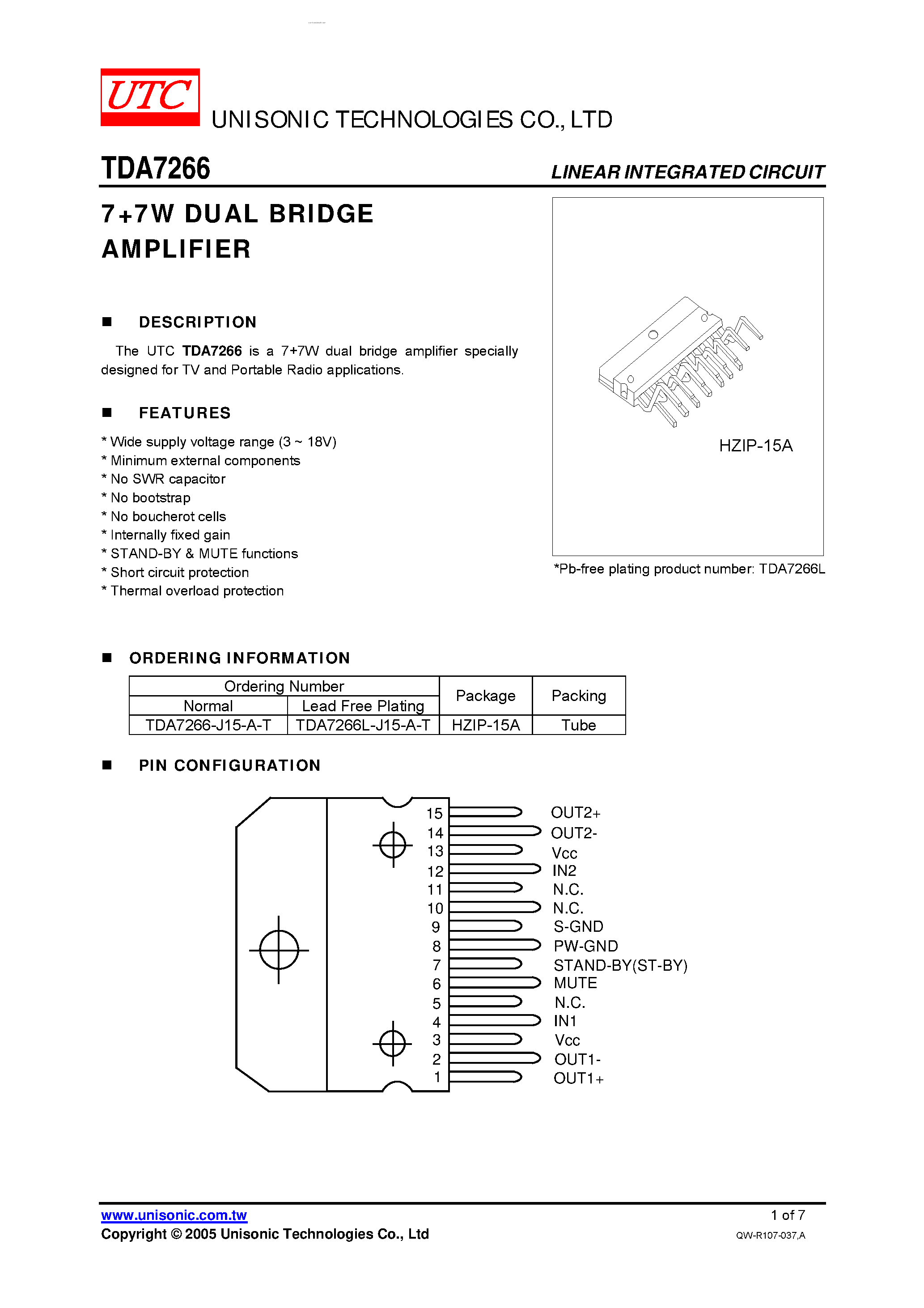 Даташит на микросхему TDA7266 страница 1 Даташит TDA7266 - 7+7W DUAL BRIDGE AMPLIFIER страница 1