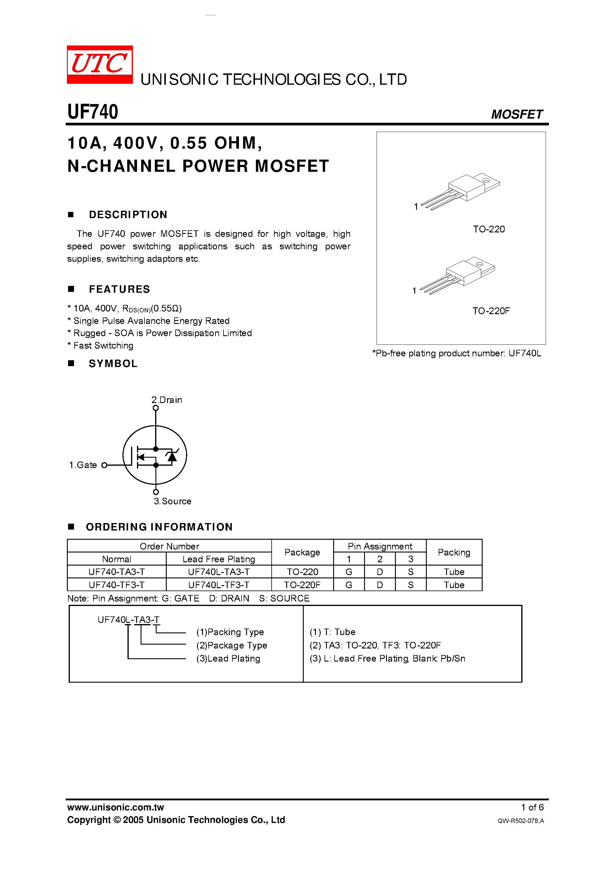 Datasheet UF740 page 1 Datasheet UF740 - N-CHANNEL POWER MOSFET page 1