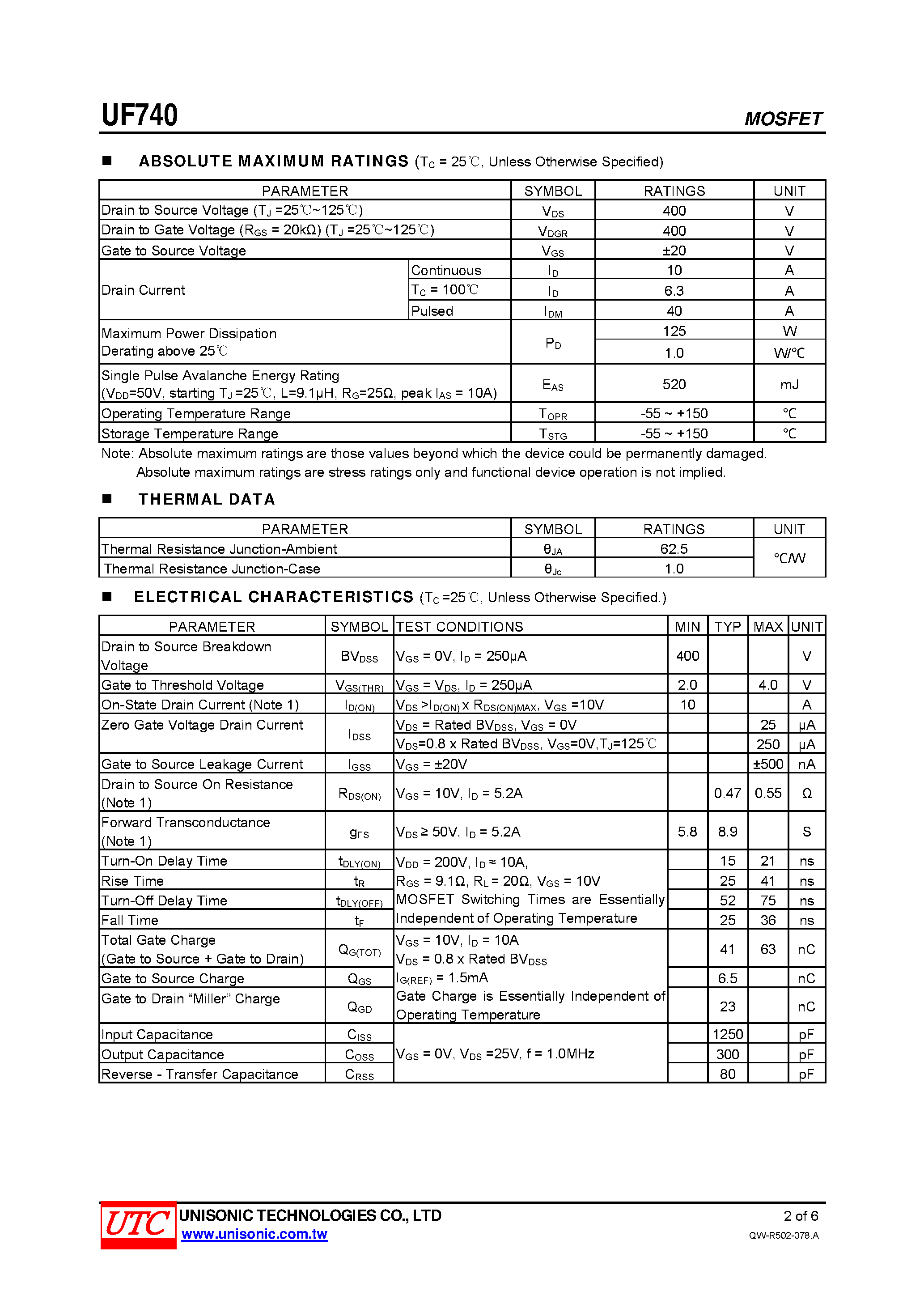 Datasheet UF740 page 2 Datasheet UF740 - N-CHANNEL POWER MOSFET page 2
