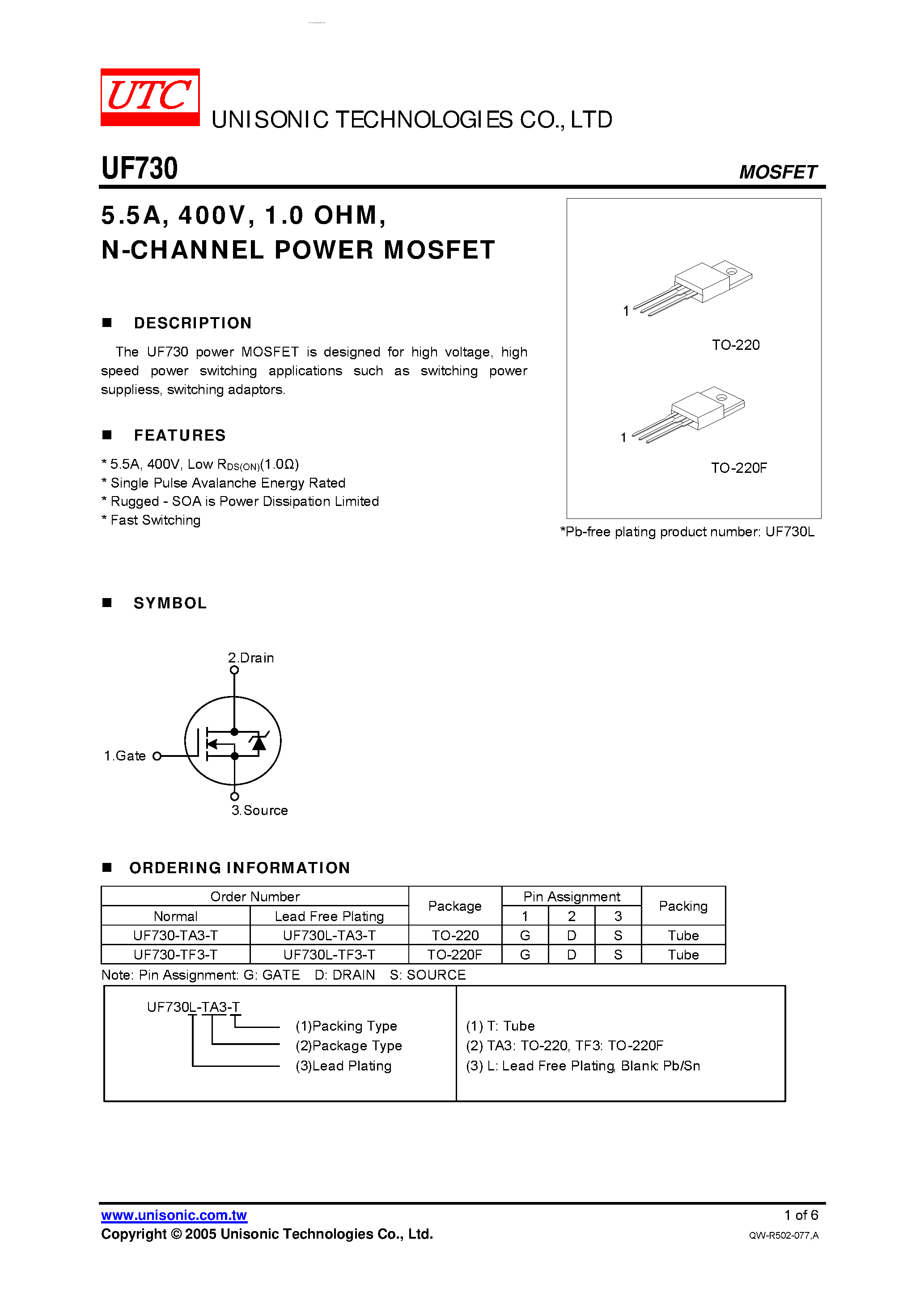 Datasheet UF730 page 1 Datasheet UF730 - N-CHANNEL POWER MOSFET page 1