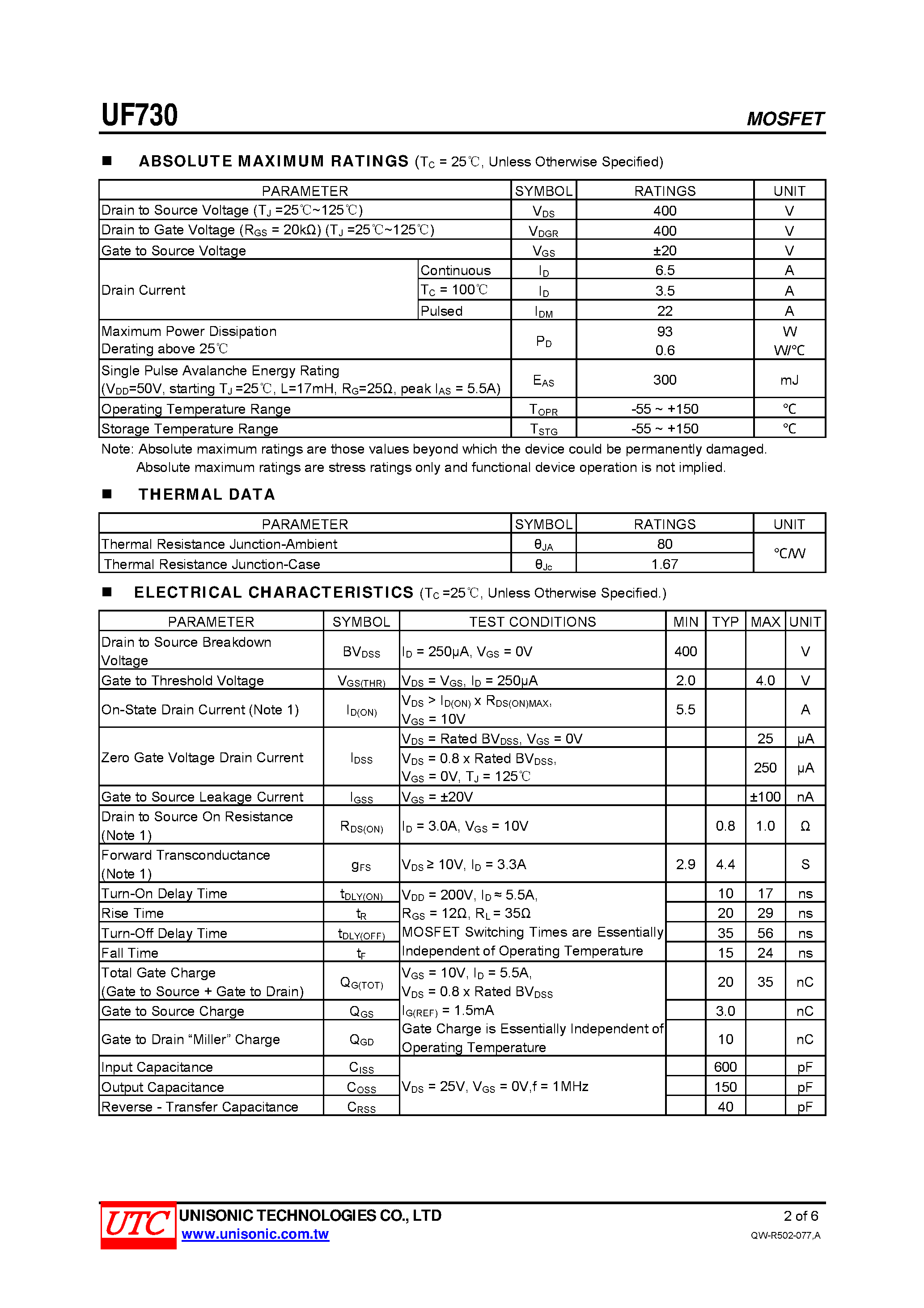 Datasheet UF730 page 2 Datasheet UF730 - N-CHANNEL POWER MOSFET page 2