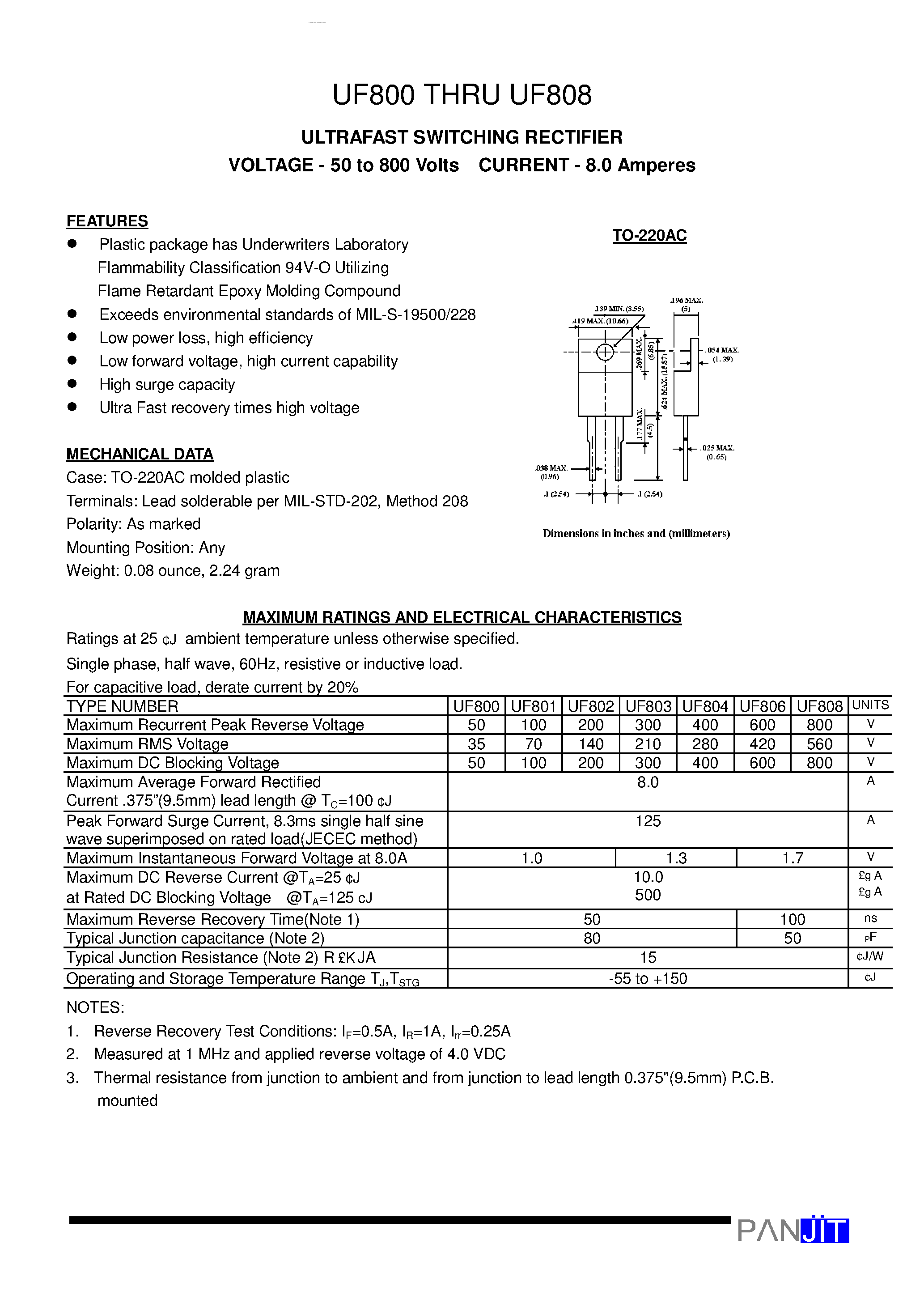 Datasheet UF800 - (UF800 - UF808) ULTRAFAST SWITCHING RECTIFIER page 1