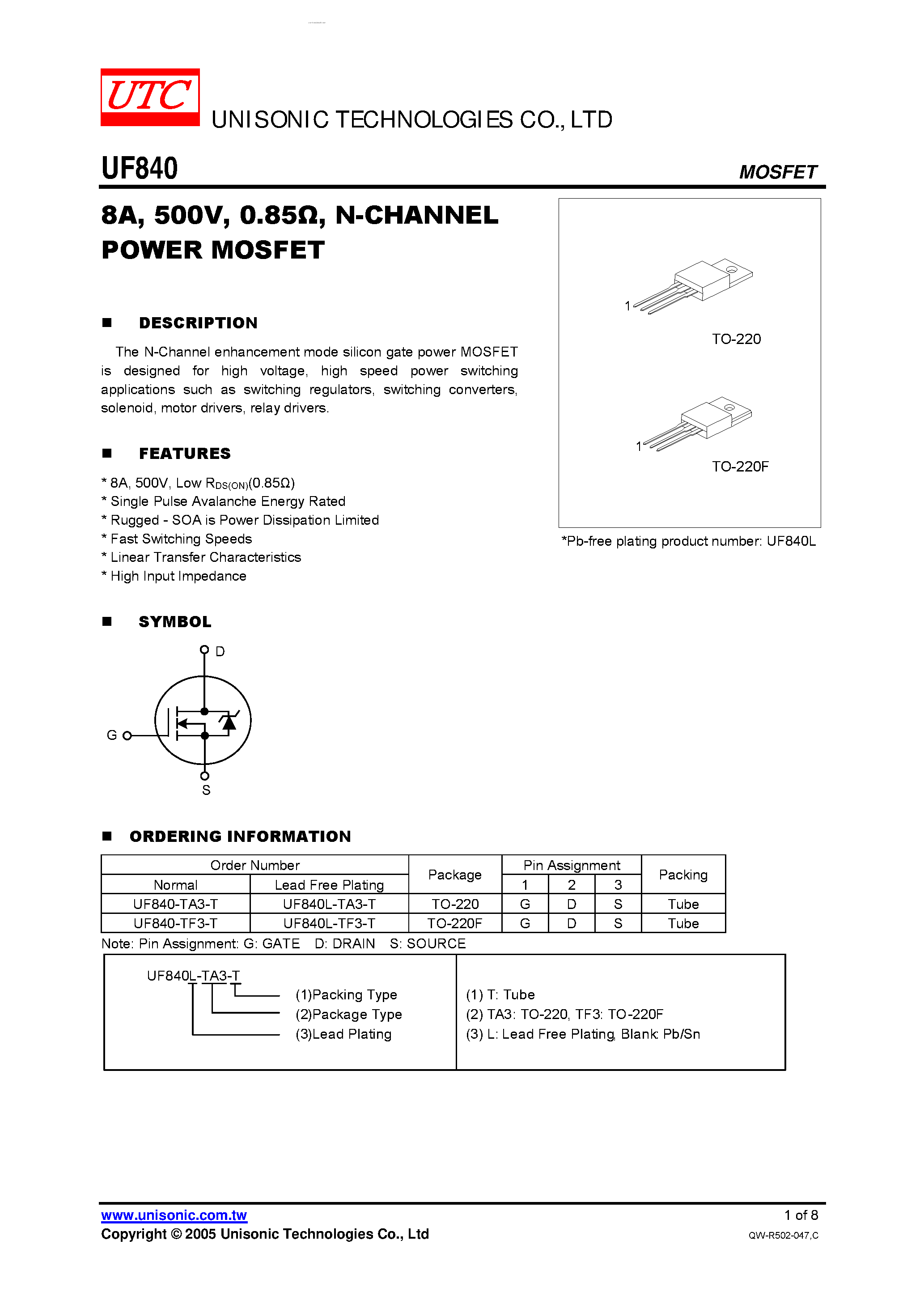 Datasheet UF840 - N-CHANNEL POWER MOSFET page 1