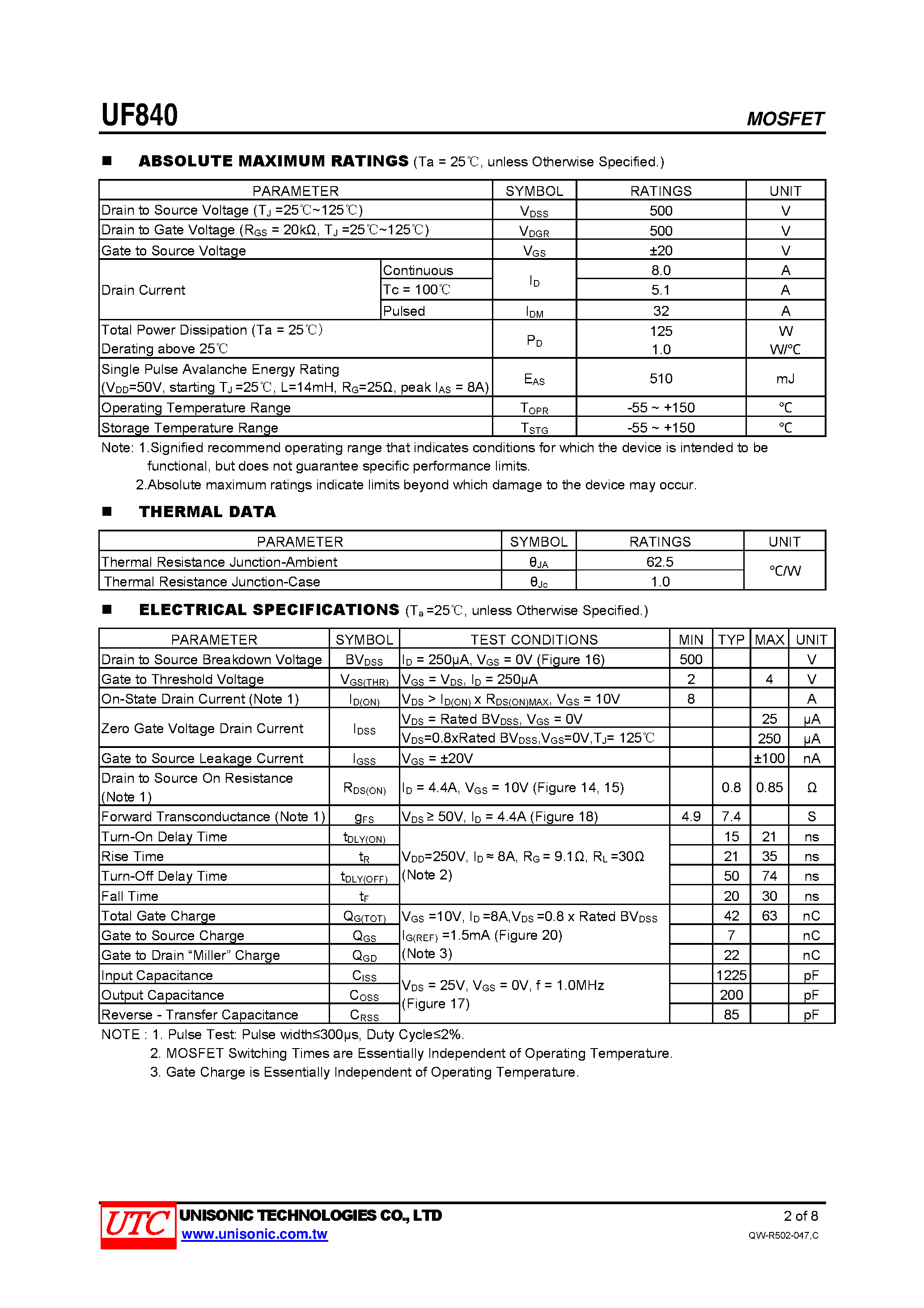 Datasheet UF840 - N-CHANNEL POWER MOSFET page 2