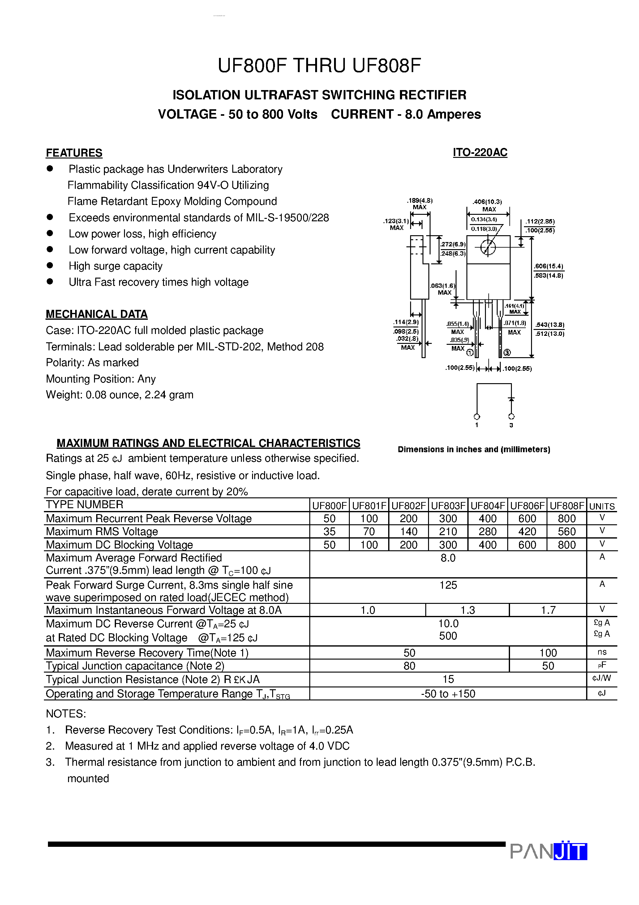 Datasheet UF800F - (UF800F - UF808F) ISOLATION ULTRAFAST SWITCHING RECTIFIER page 1