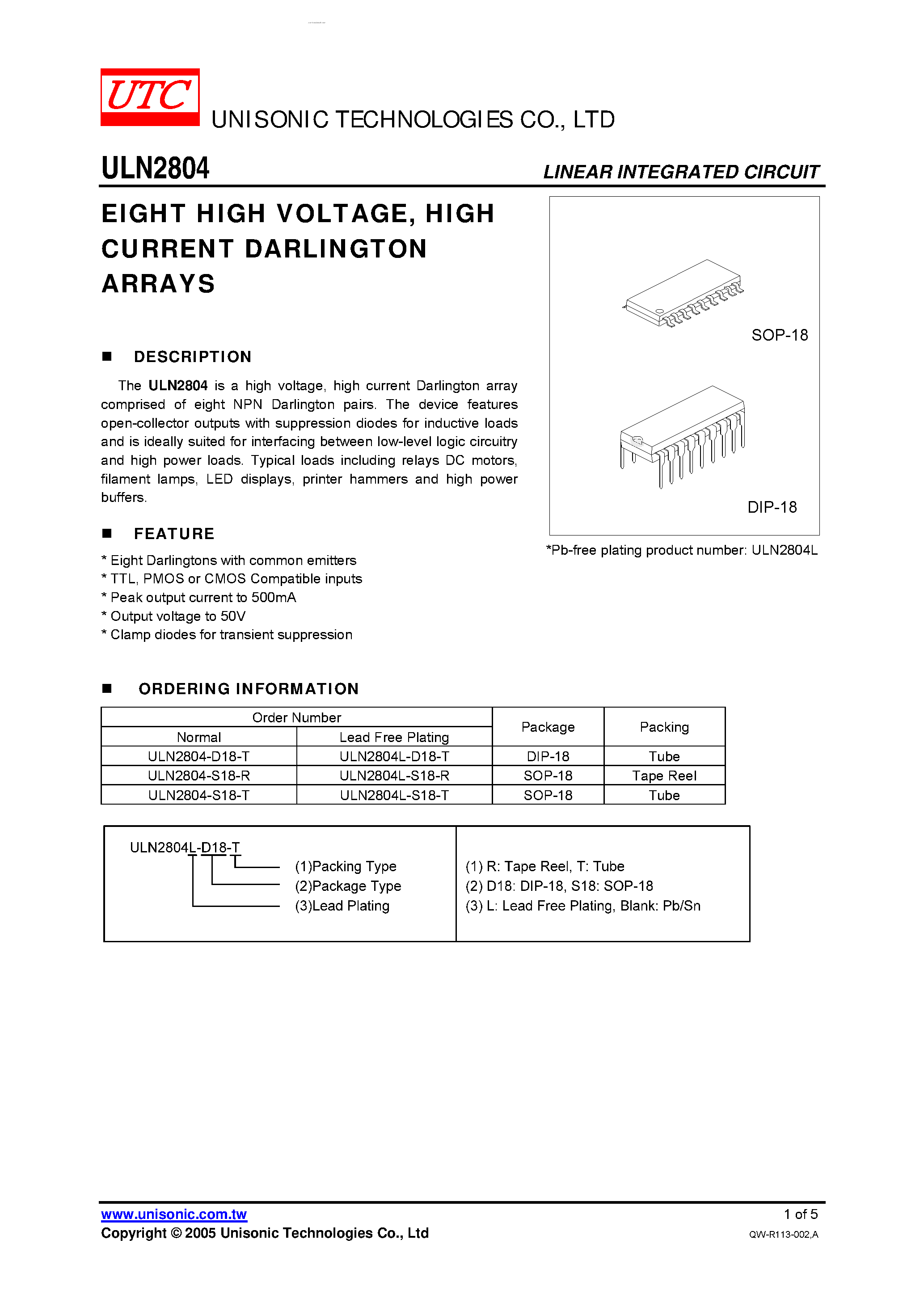 Datasheet ULN2804 page 1 Datasheet ULN2804 - Eight High Voltage High Current Darlington Arrays page 1