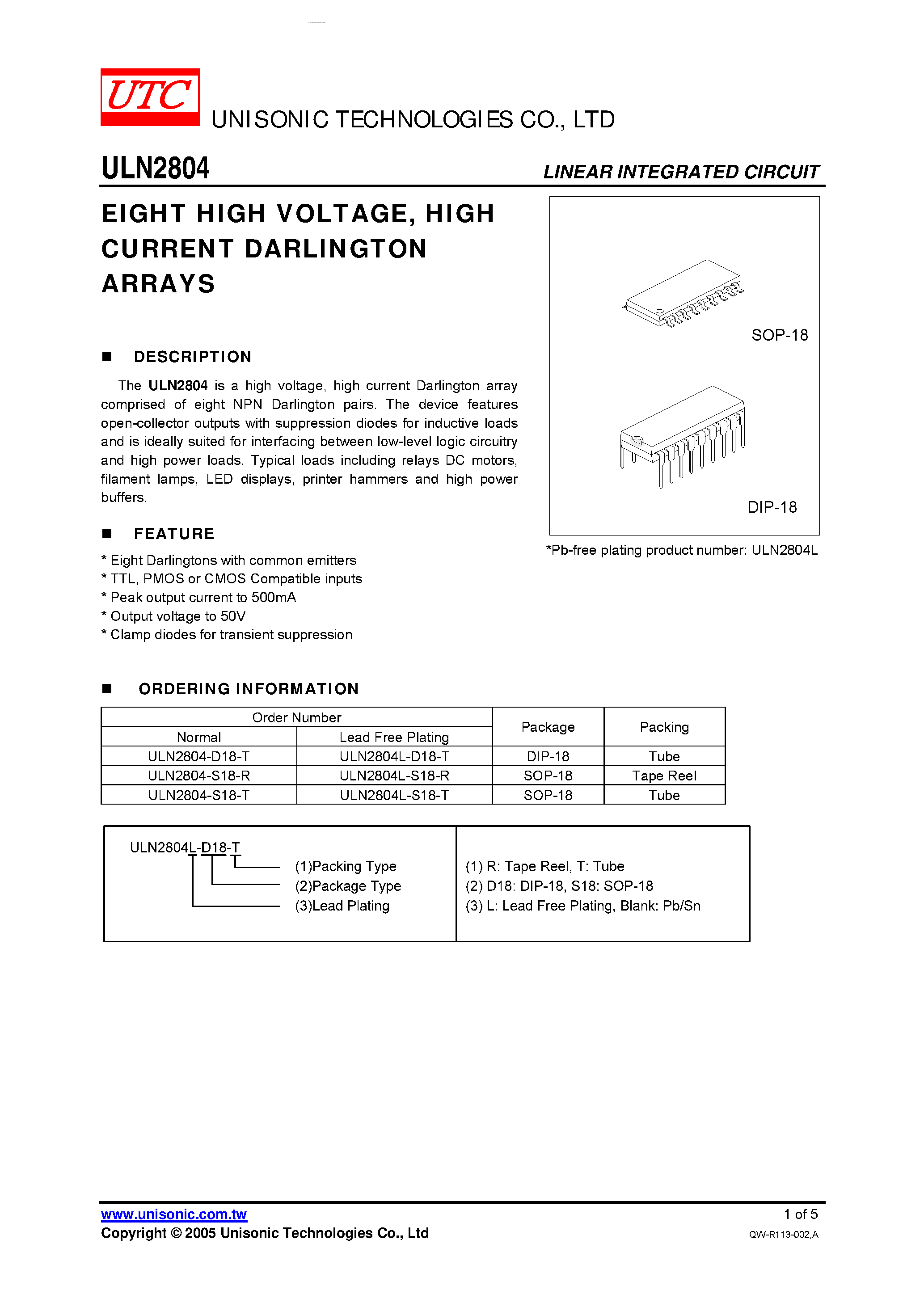 Datasheet ULN2804 - Eight High Voltage High Current Darlington Arrays page 1