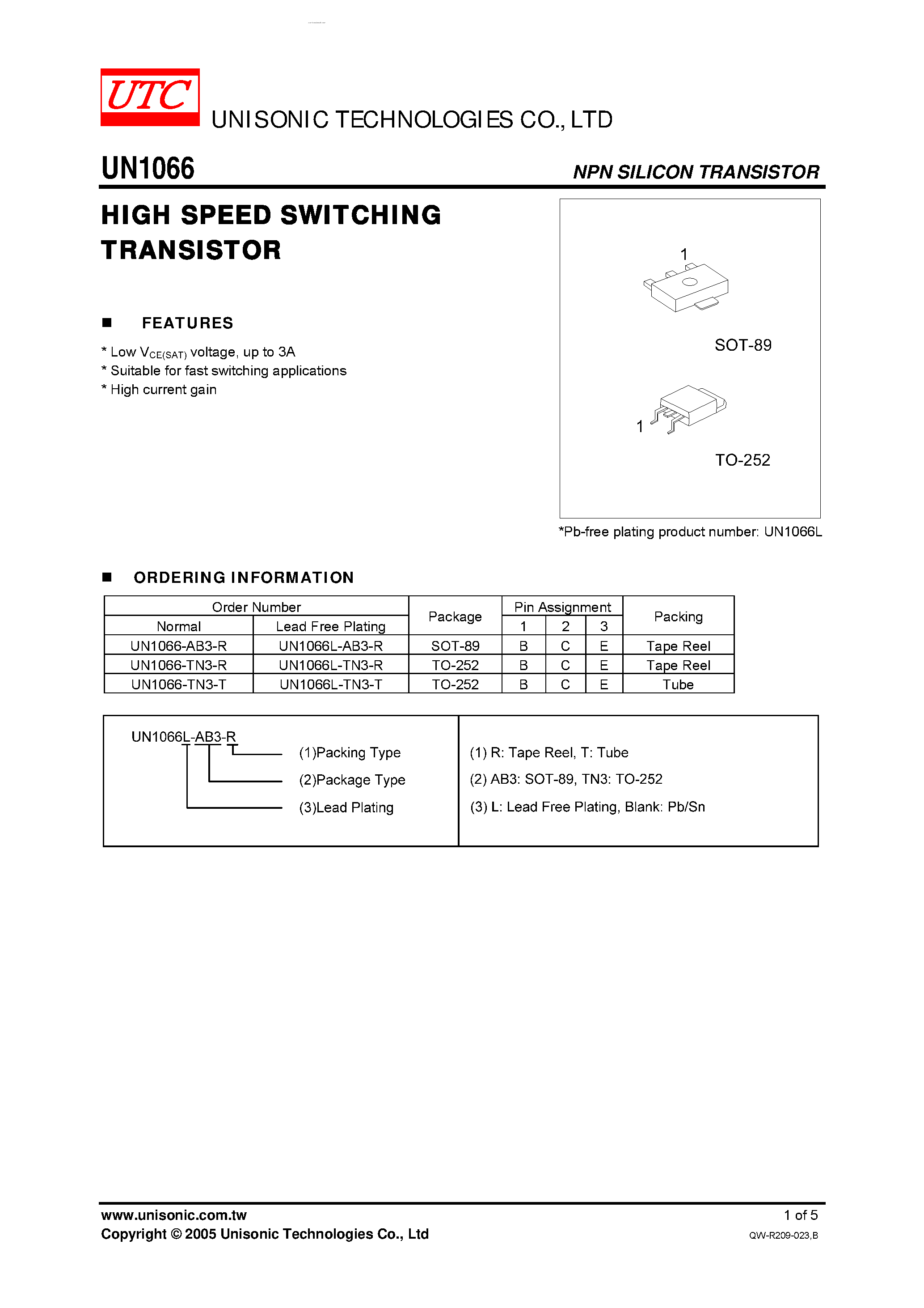 Datasheet UN1066 page 1 Datasheet UN1066 - HIGH SPEED SWITCHING TRANSISTOR page 1